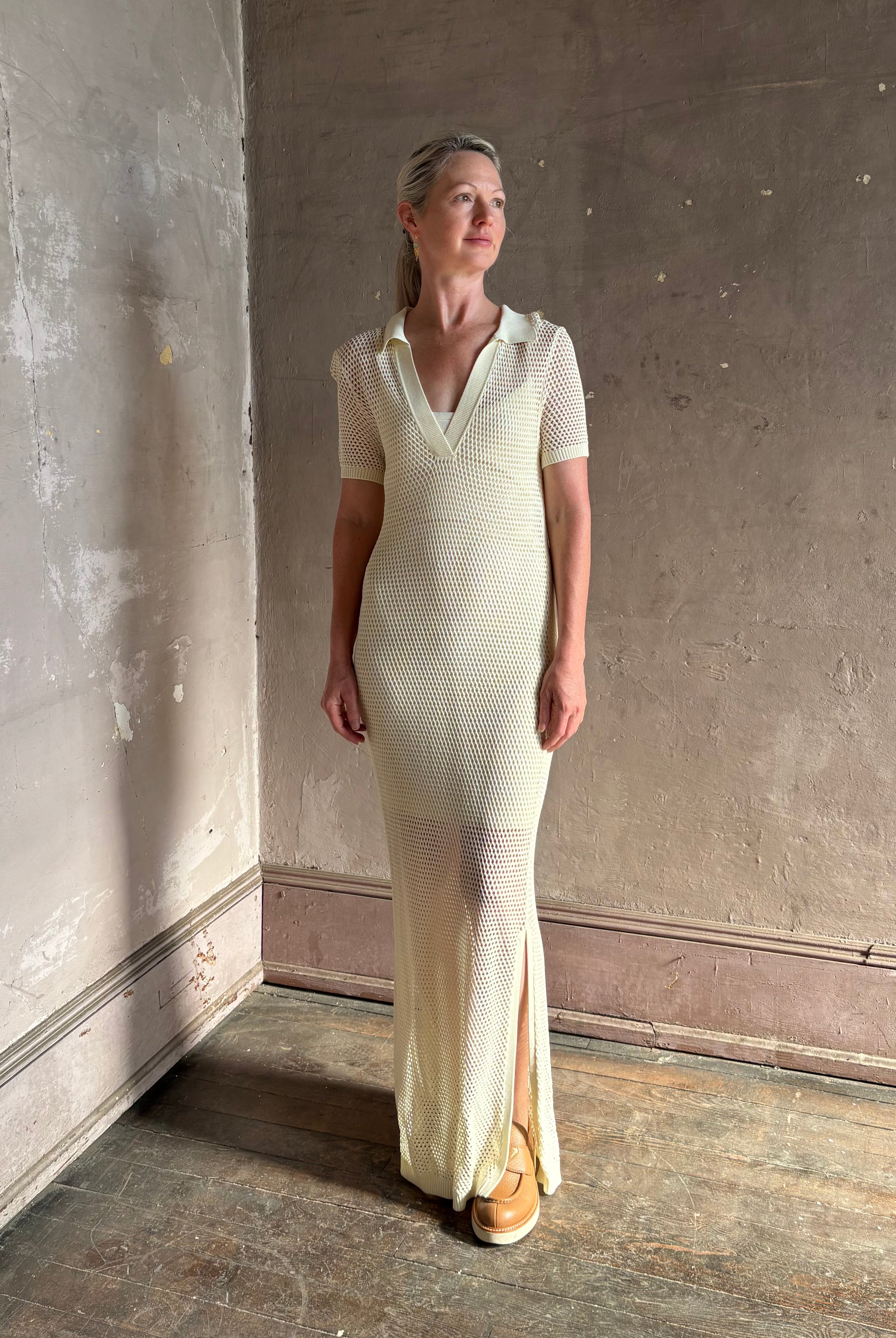 Rag and bone Sheath cream maxi Dress open knit with slip slim-fit polo short sleeve side slits v-neck