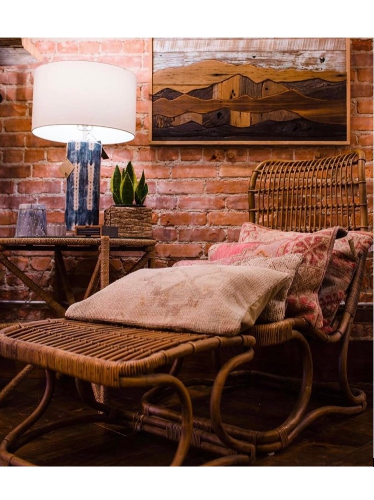 Image of casual natural texture rattan lounge chair with matching footstool quintessential for bohemian casual style