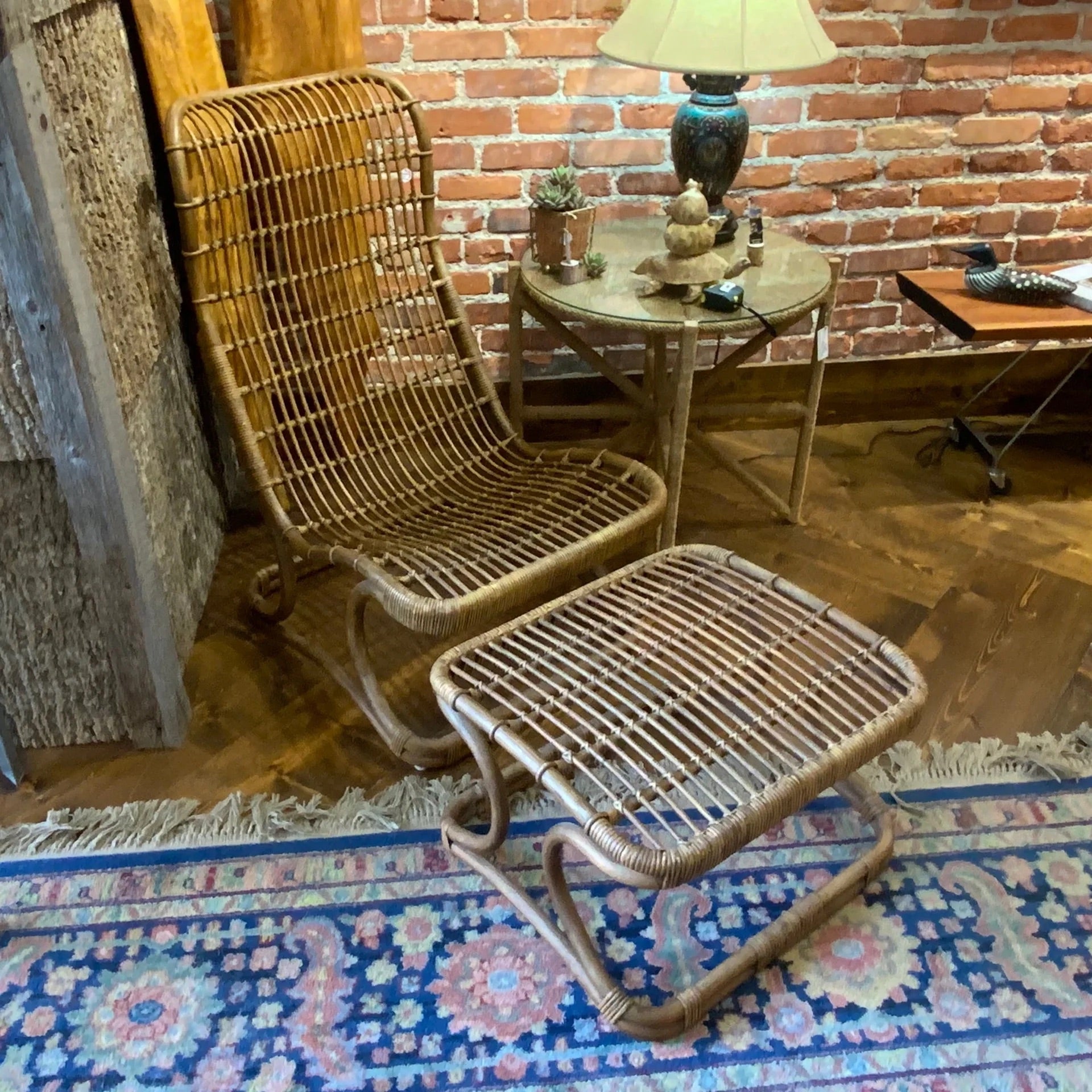 Image of casual natural texture rattan lounge chair with matching footstool quintessential for bohemian casual style