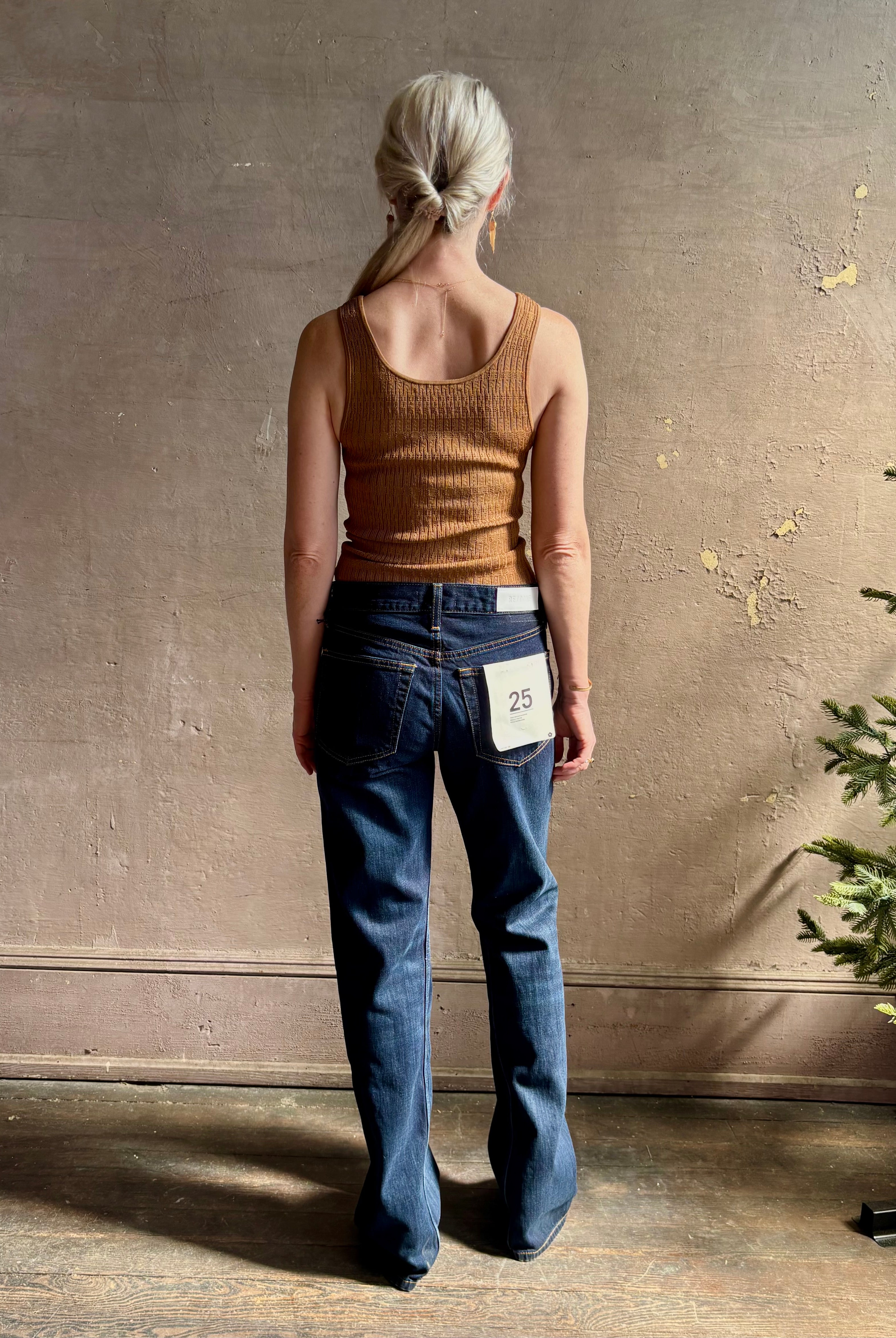 Re/Done Twisted Mid Rise Bootcut dark wash ridgid cotton Denim button fly long inseam