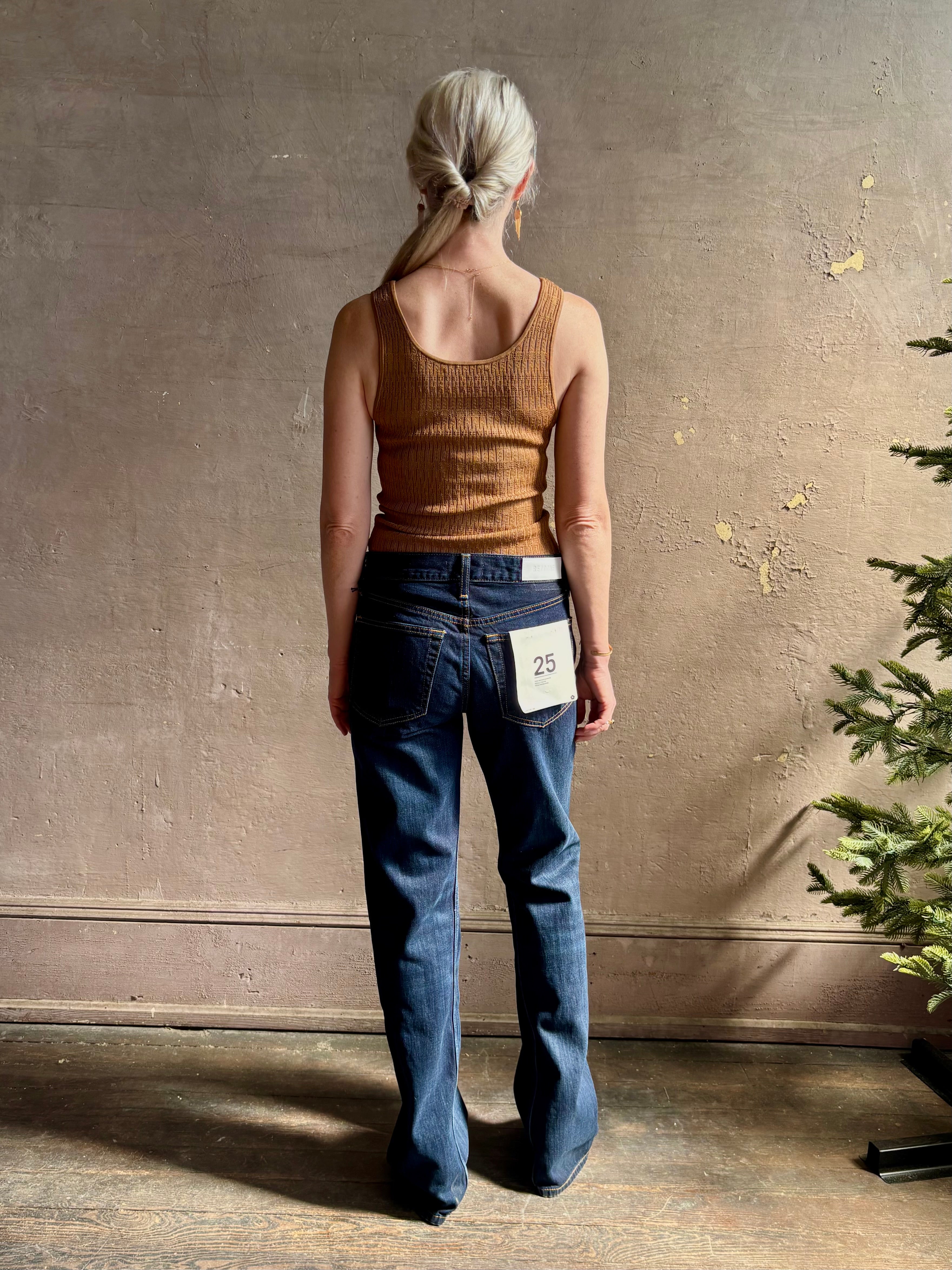 Re/Done Twisted Mid Rise Bootcut dark wash ridgid cotton Denim button fly long inseam