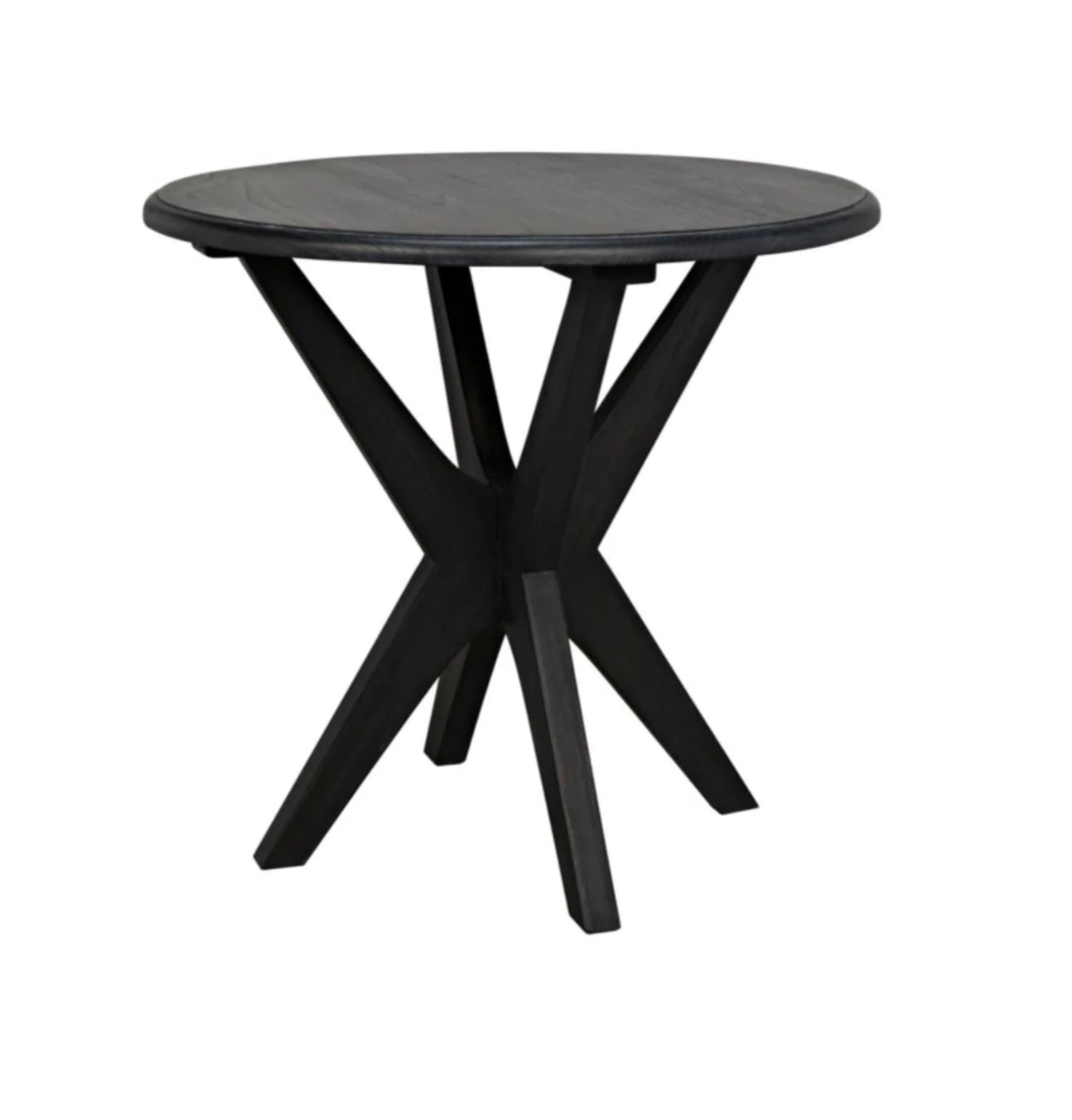 A round black side table with a charcoal black finish, made of Sungkai Wood, with crisscrossing legs.