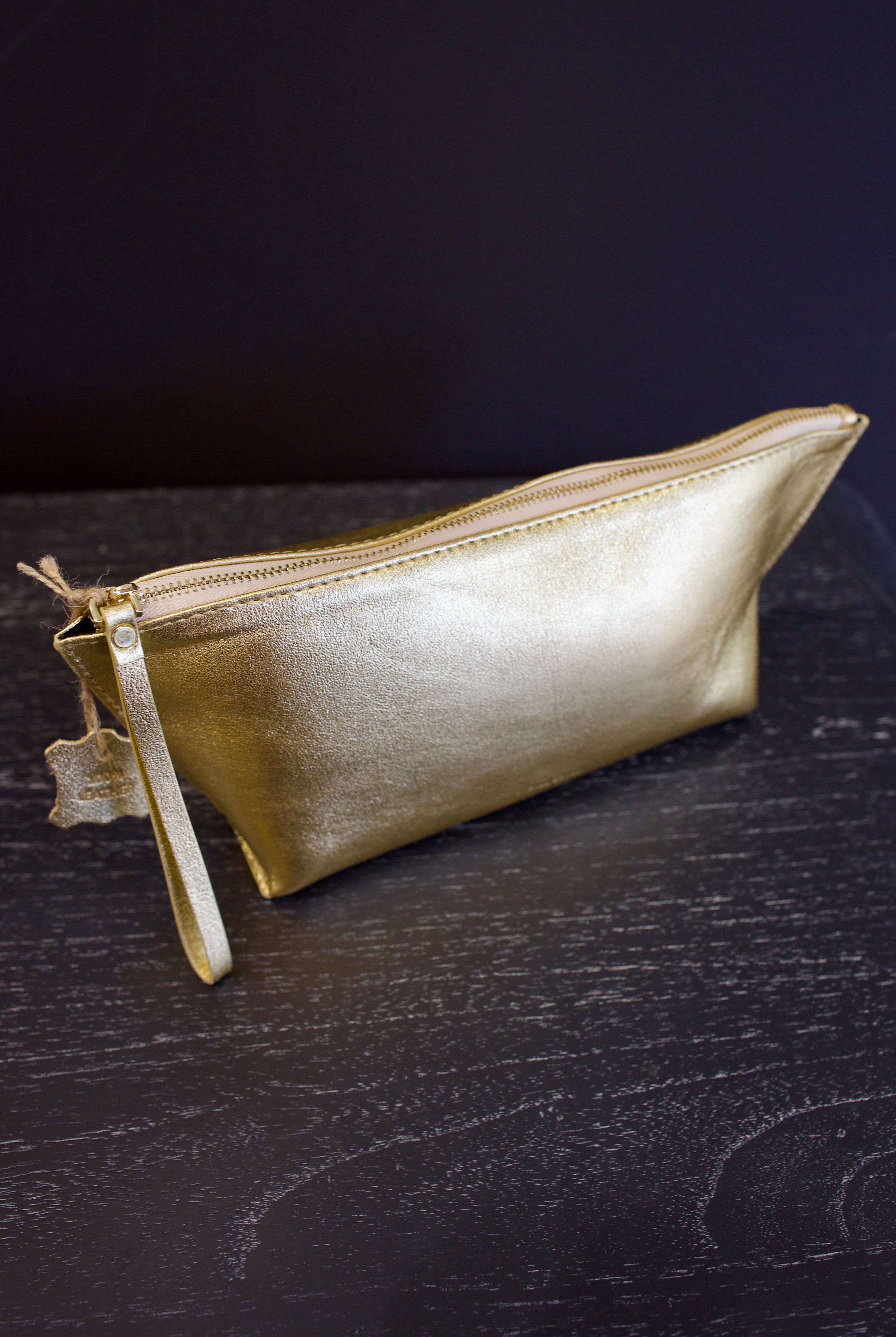 Photo of a gold metallic Rachel Comey leather triangle case with zipper closure