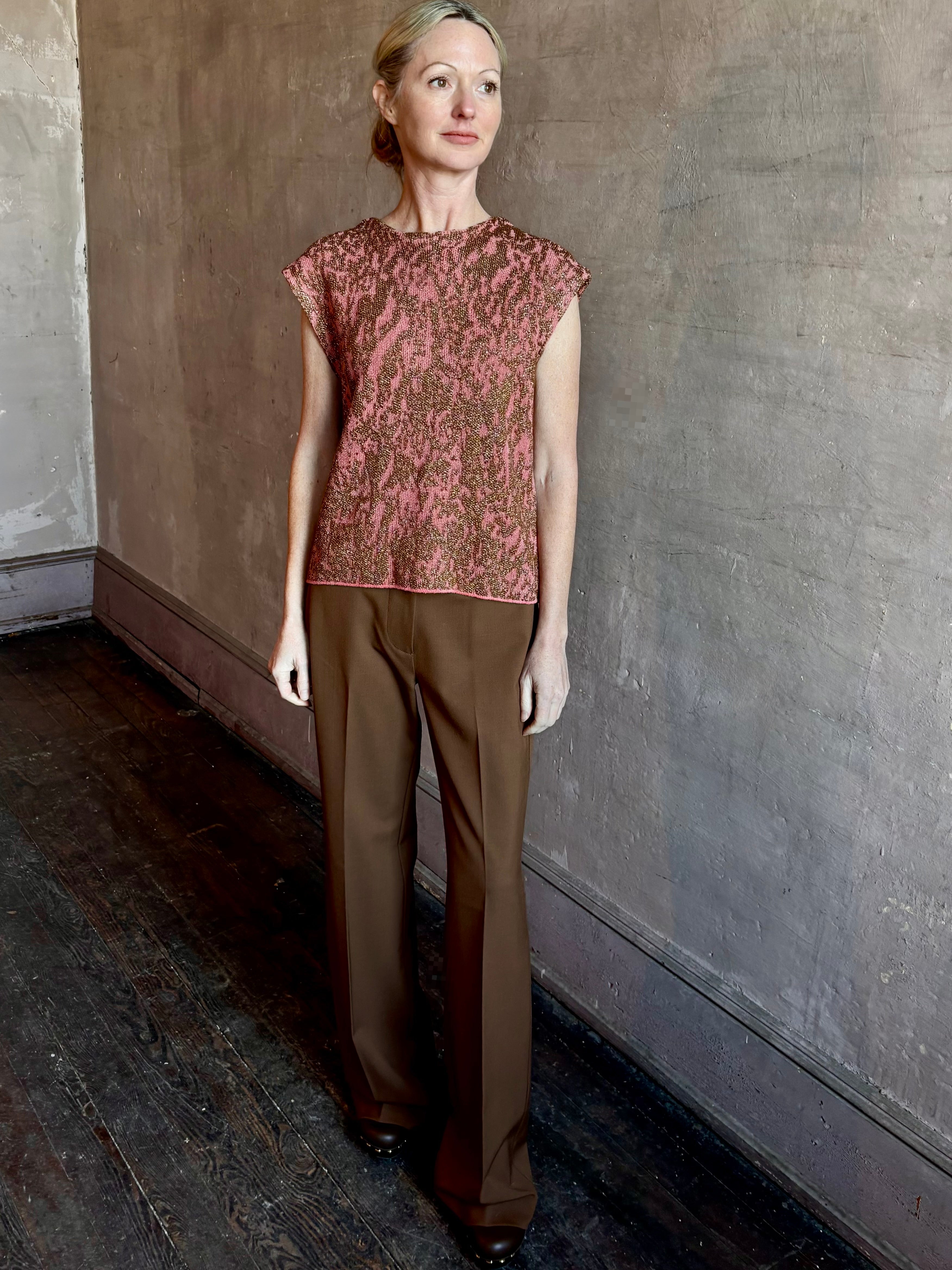 Image of woman wearing New York Designer Rachel Comey pink Brocca sweater with bronze metallic abstract pattern