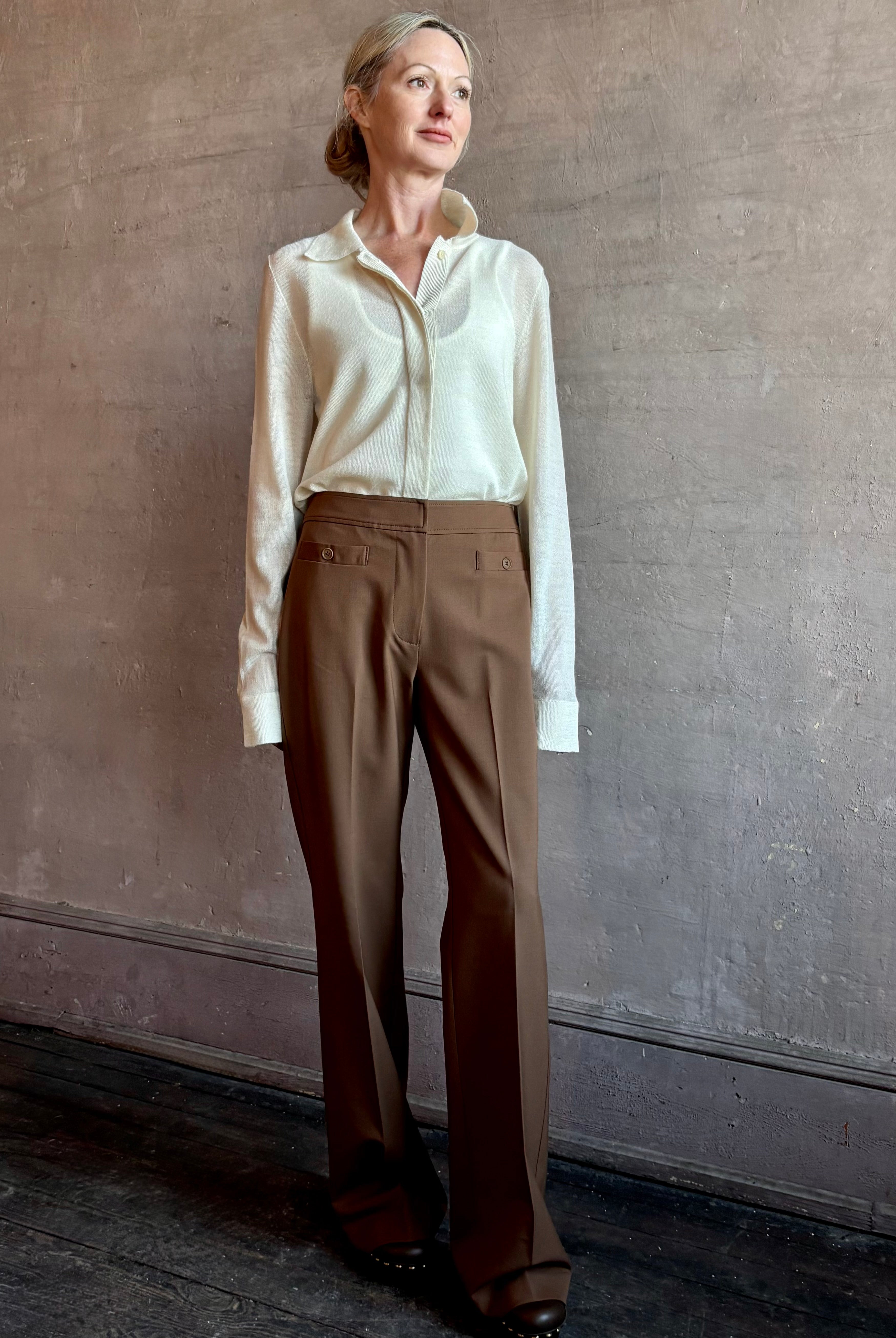 Image of woman wearing Premium Baby Alpaca Mulberry Silk Calma shirt by Rachel Comey with button front, long sleeves and button front in cream