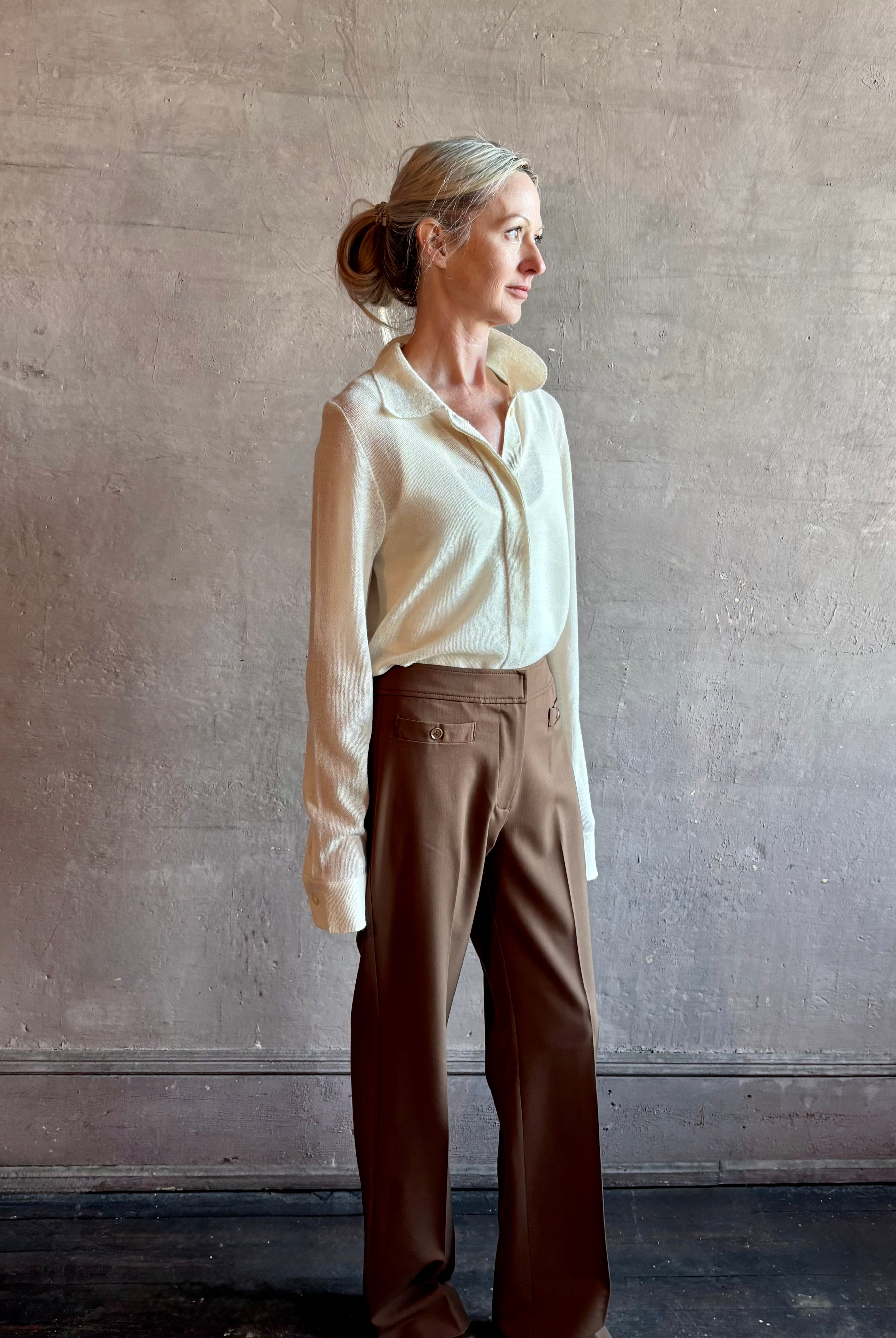 Image of woman wearing Premium Baby Alpaca Mulberry Silk Calma shirt by Rachel Comey with button front, long sleeves and button front in cream