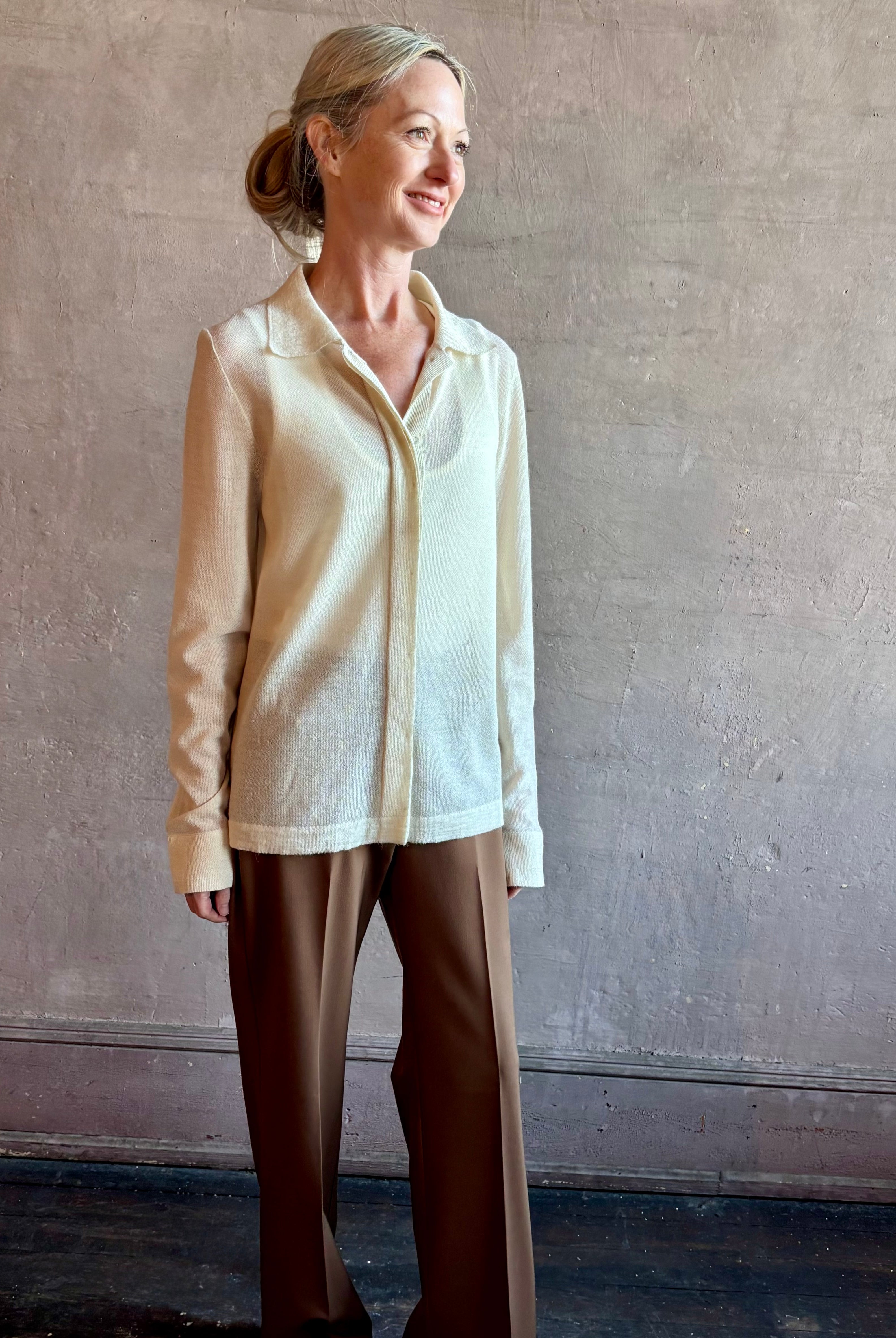 Image of woman wearing Premium Baby Alpaca Mulberry Silk Calma shirt by Rachel Comey with button front, long sleeves and button front in cream