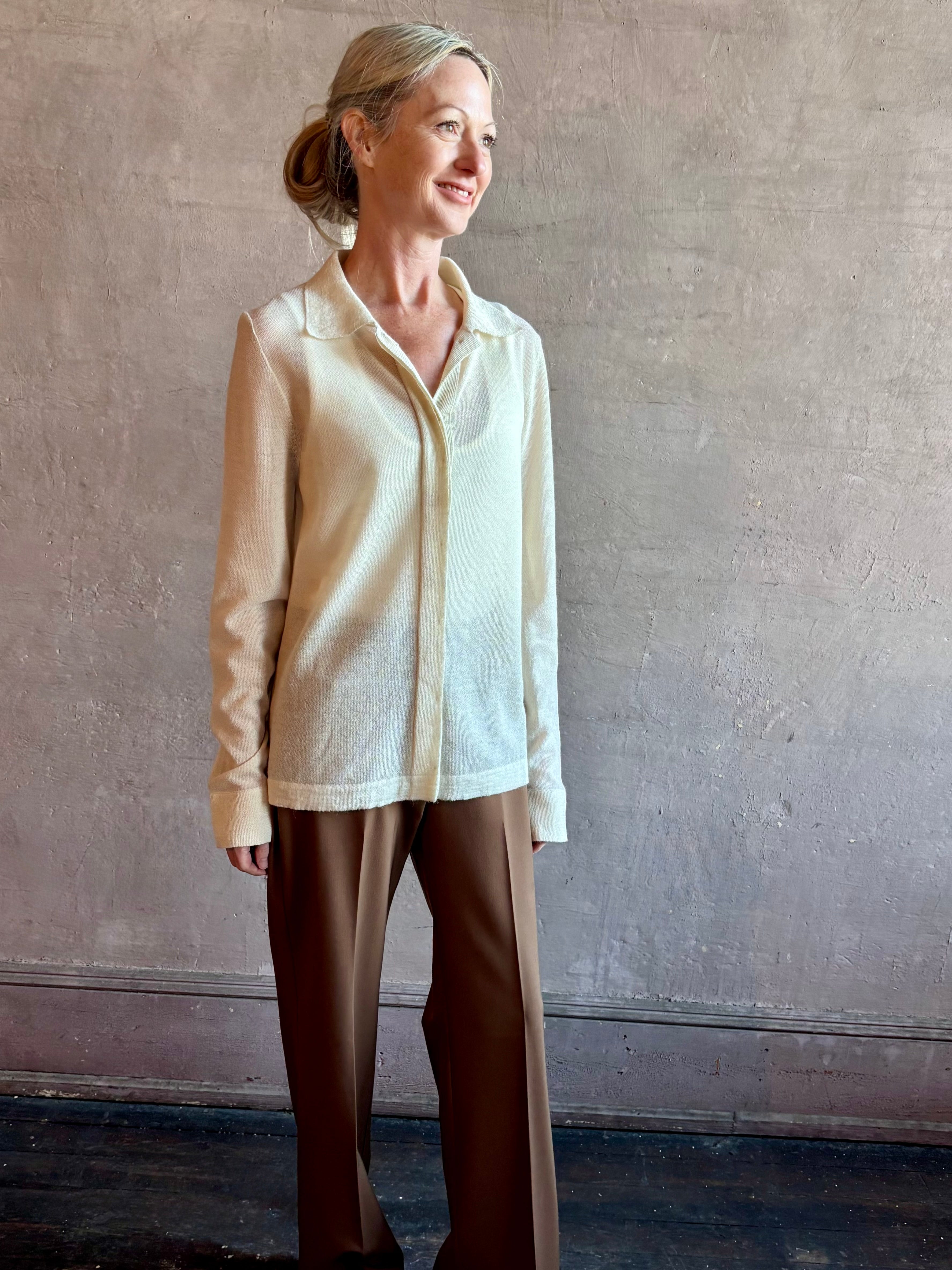 Image of woman wearing Premium Baby Alpaca Mulberry Silk Calma shirt by Rachel Comey with button front, long sleeves and button front in cream