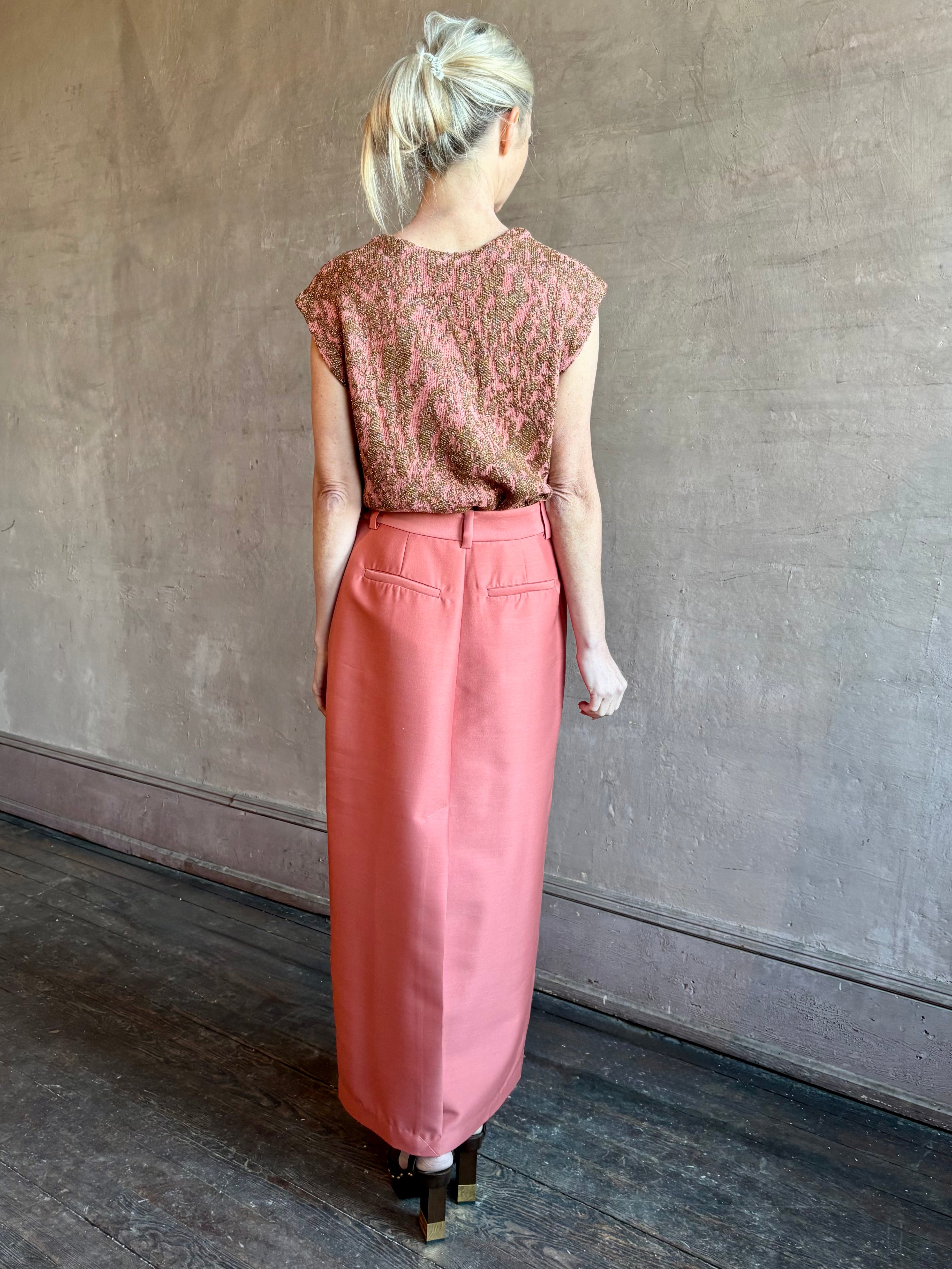 Image of woman wearing premium wool silk Rachel Comey Cosa maxi Skirt with tailored waistband belt loops and back vent
