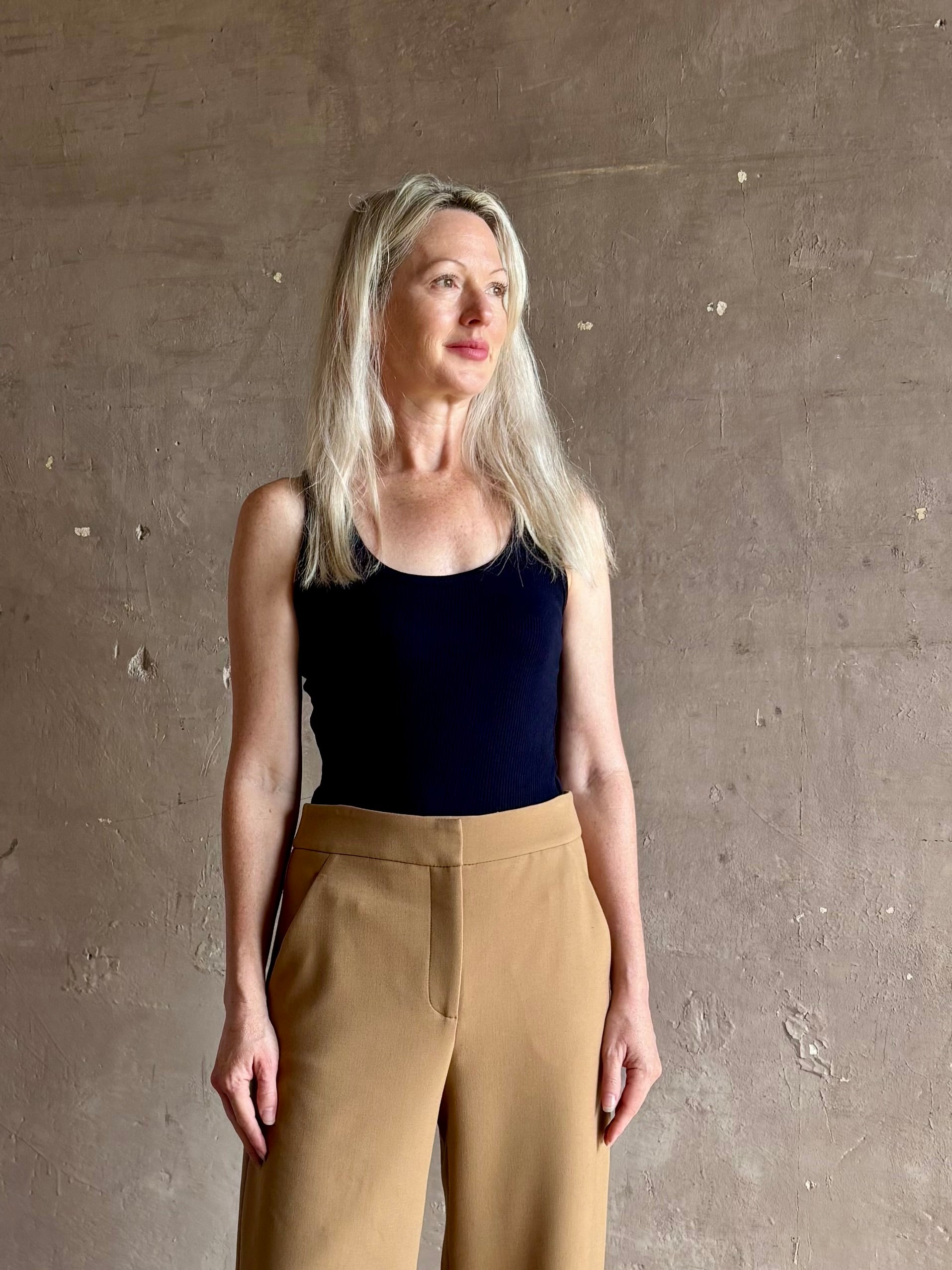 Mature woman wearing Sablyn Coco Scoop Neck Navy Tank Top brushed ribbed knit soft basic made in USA