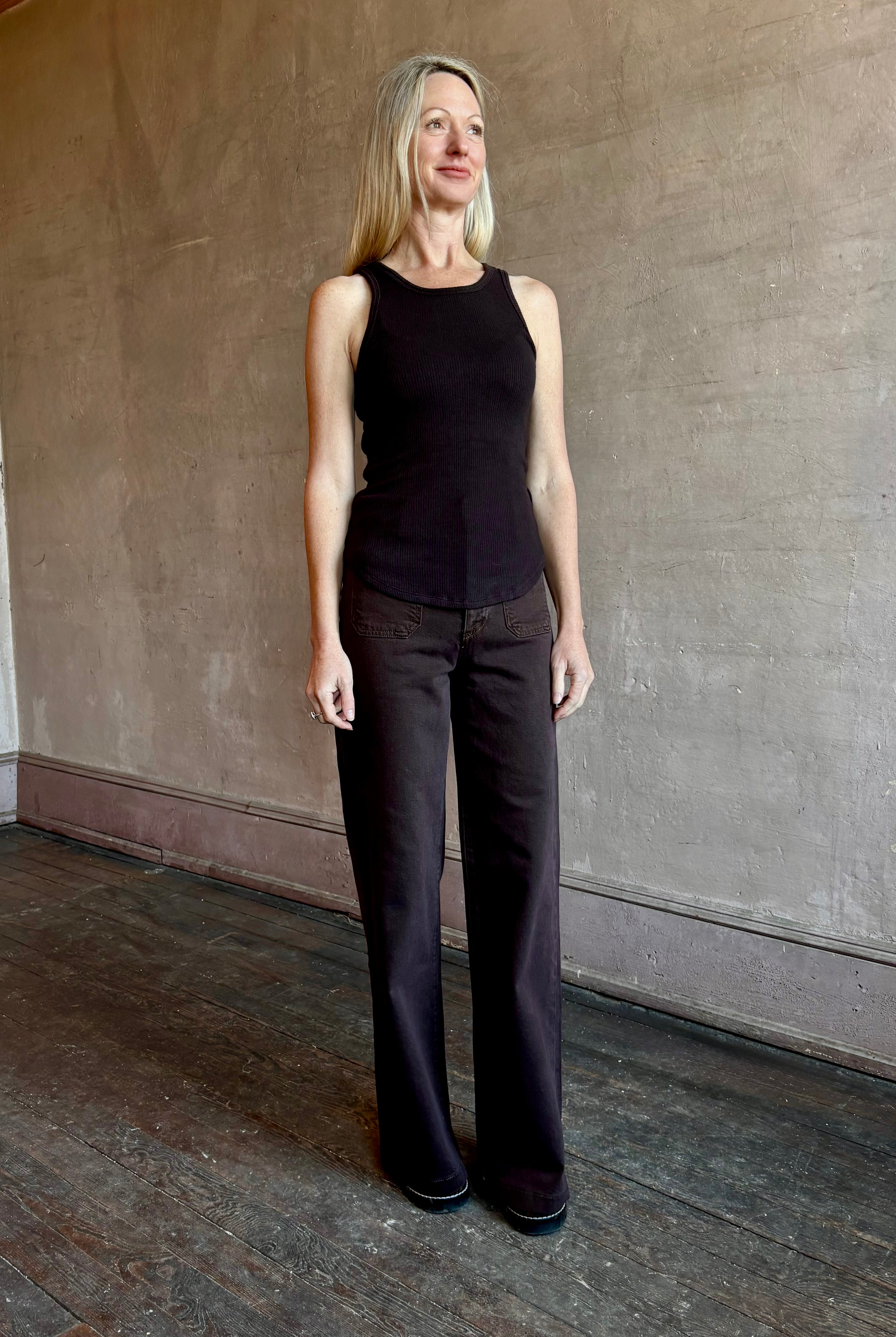 Image of woman wearing essential SABLYN Jameela buttery soft and bra friendly Racerback Tank Top in chocolate brown that's made in USA