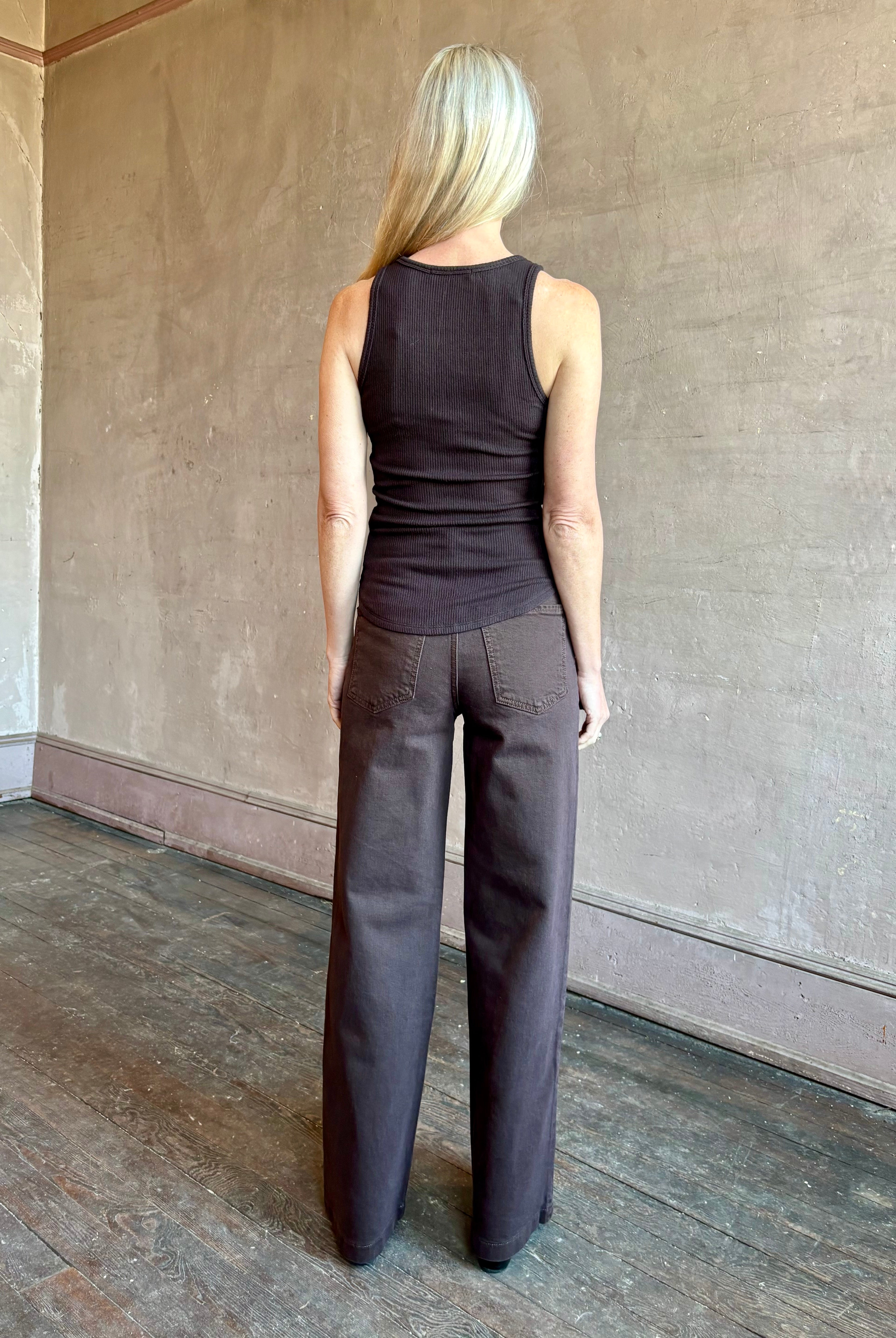 Image of woman wearing comfy SABLYN Jameela buttery soft and bra friendly Racerback Tank Top in chocolate brown that's made in USA