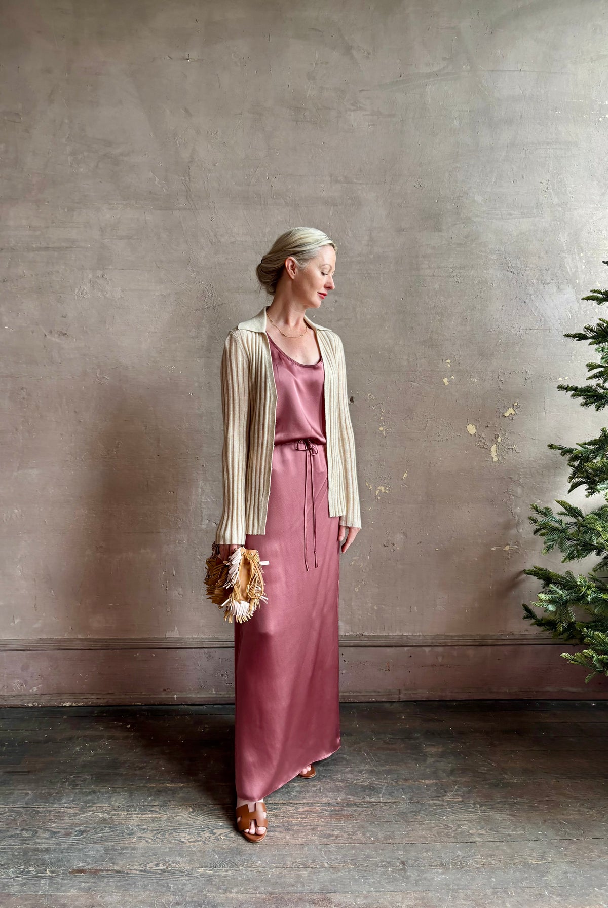 Mature woman wearing Sablyn Sol Maxi Skirt in Desert Bloom silk charmeuse relaxed drawstring waist Fluid