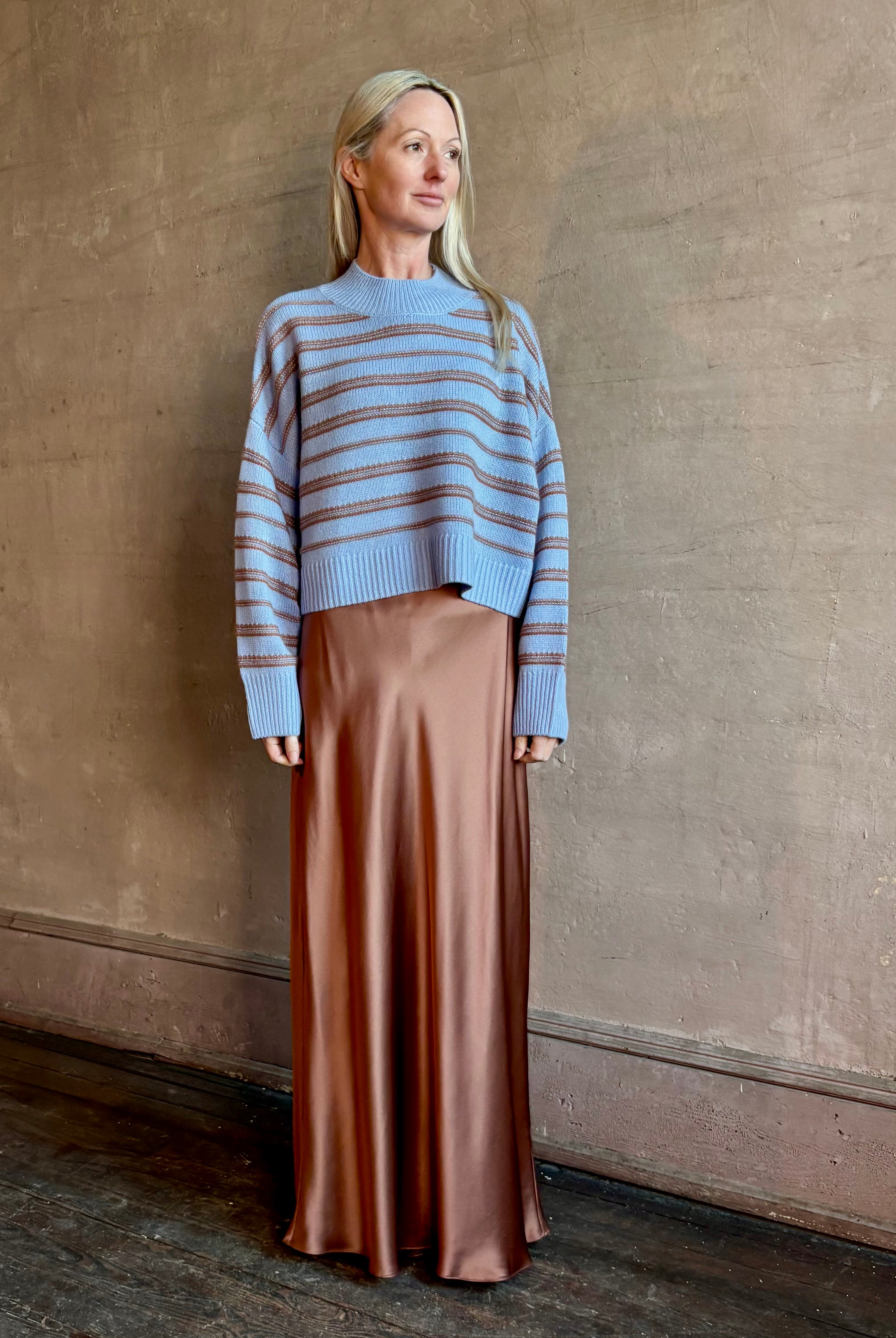 Woman wearing premium SABLYN Wells B Cropped Pullover Sweater with oversized fit crew neck and long sleeve