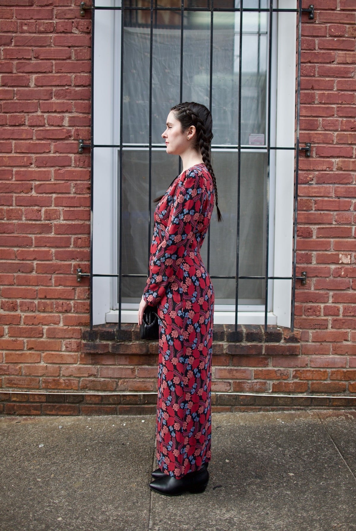 Saloni Jinx-C Dress Follium Rouge fluid viscose with shoulder pleating velvet trim bust cutouts long sleeves dressmaker-quality occasion ready
