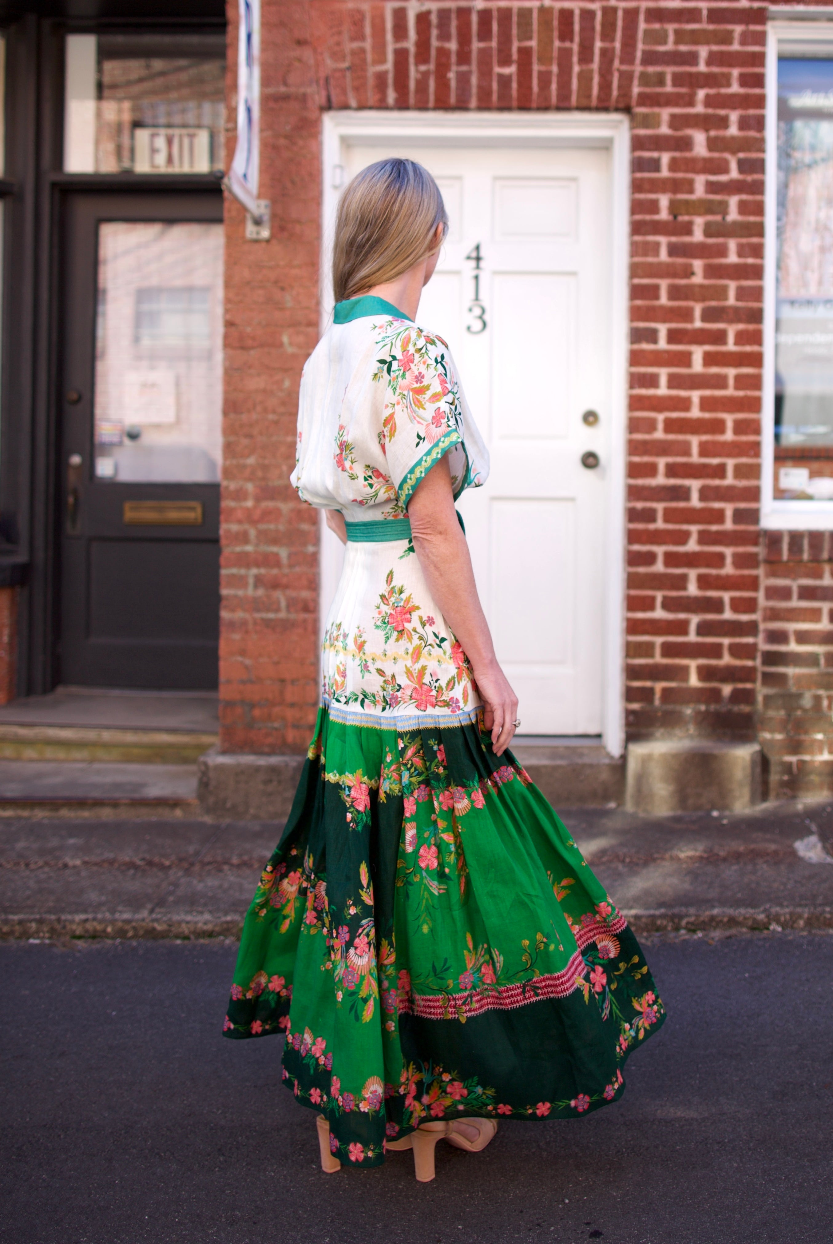 Saloni Riya B linen maxi dress blouson top drop waist fpleated full skirt V-neck pockets white aqua n green floral print