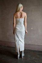 Model wearing SPRWMN Shell White Tube Dress - Designer Strapless Stretch Leather Midi
