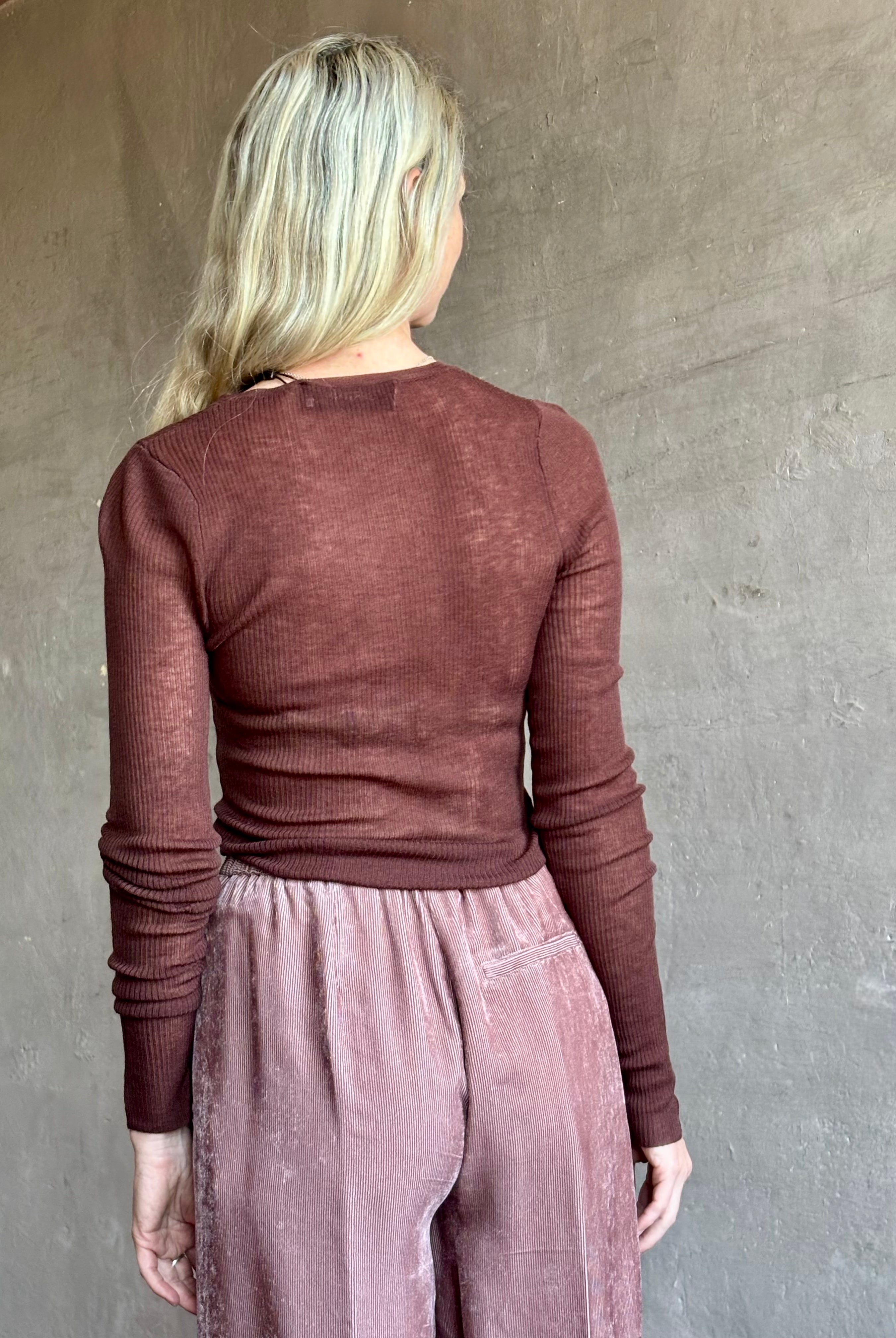 Image of mature woman wearing semi-transparent lightweight long sleeve crew neck premium brown wool knit by SPRWMM