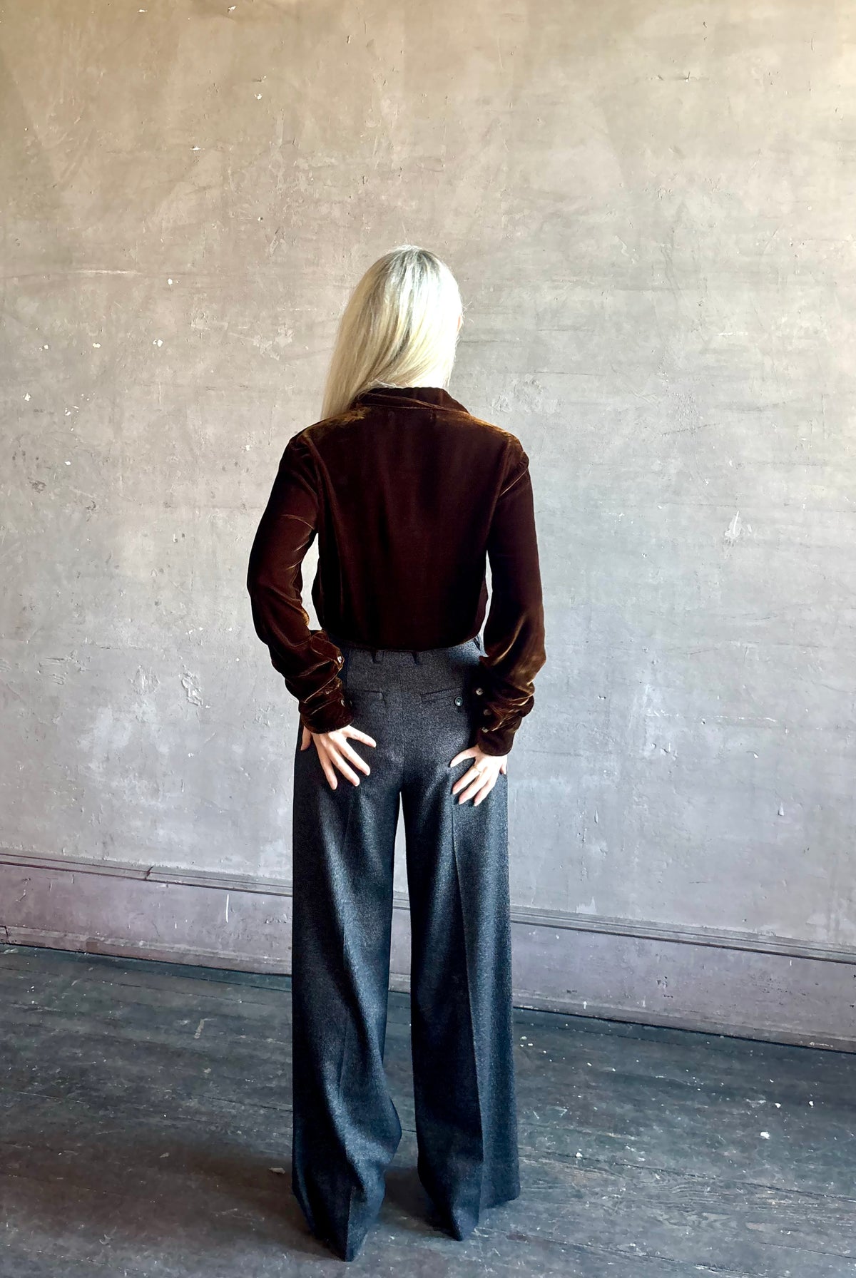 Mature woman wearing SPRWMN Elise Button Up Silk Velvet Top in Warm Brown classic collar long sleeve liquid drape Made in the USA quietly luxurious