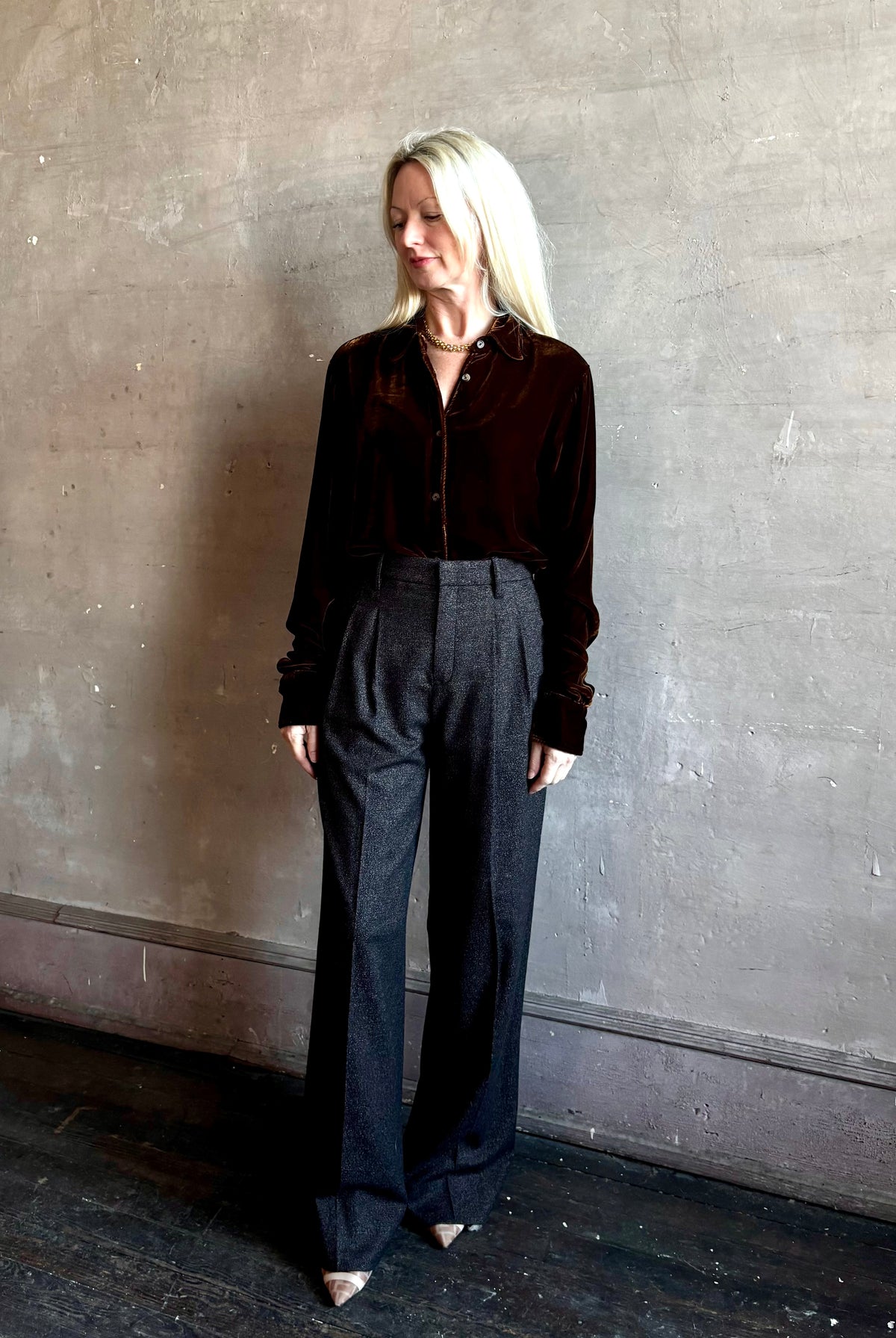 Mature woman wearing SPRWMN Elise Button Up Silk Velvet Top in Warm Brown classic collar long sleeve liquid drape Made in the USA quietly luxurious