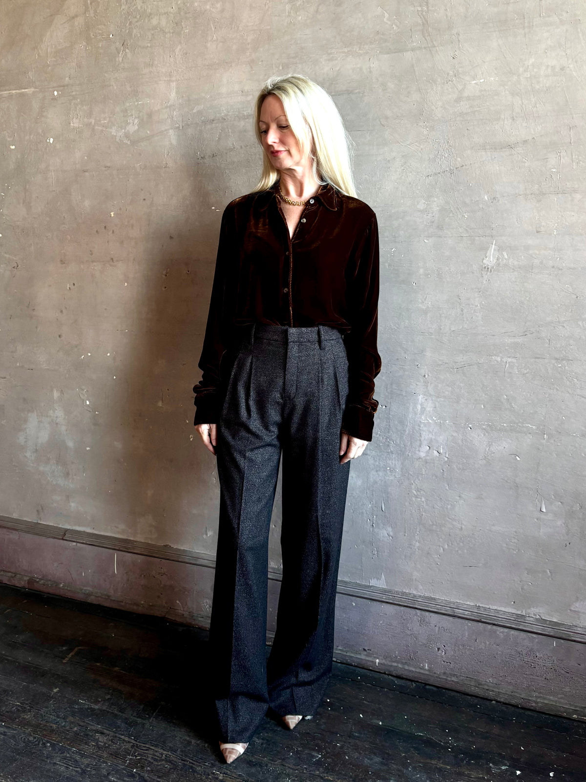 Mature woman wearing SPRWMN Elise Button Up Silk Velvet Top in Warm Brown classic collar long sleeve liquid drape Made in the USA quietly luxurious