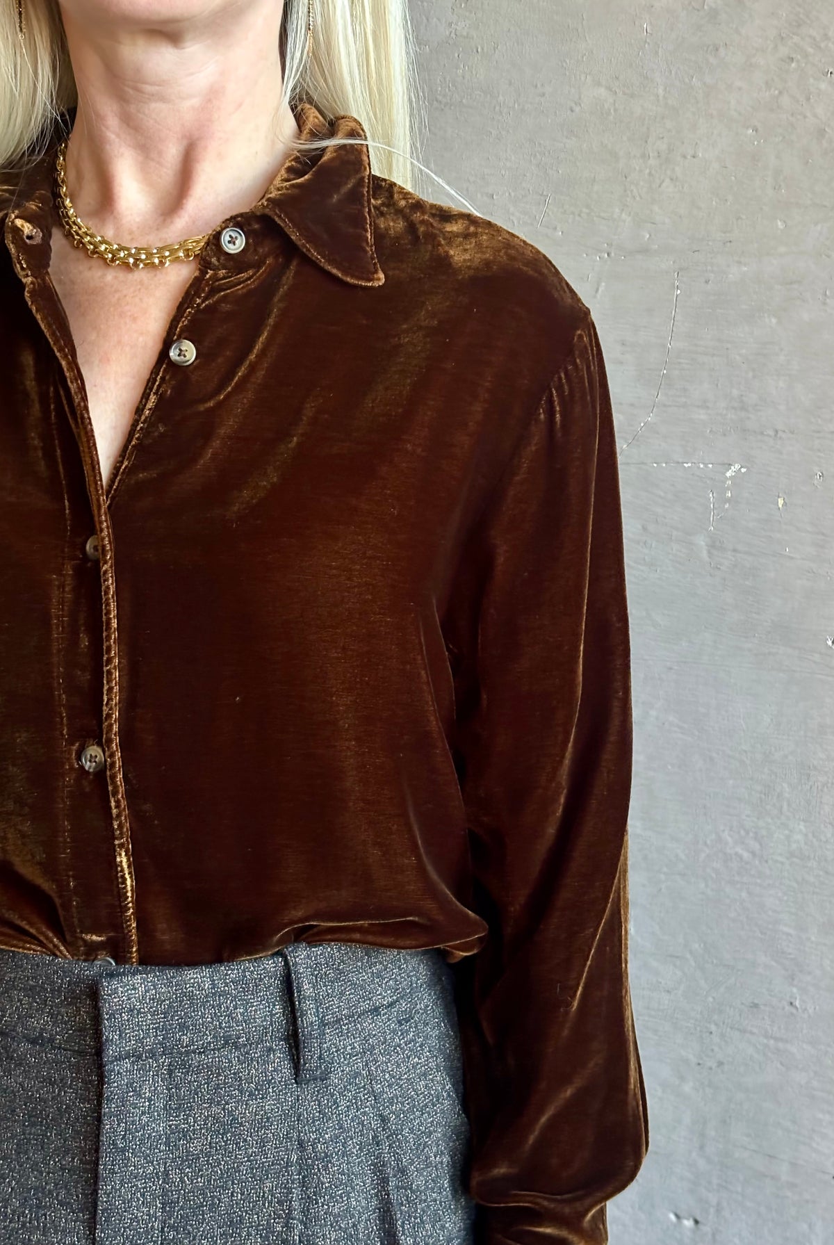 Mature woman wearing SPRWMN Elise Button Up Silk Velvet Top in Warm Brown classic collar long sleeve liquid drape Made in the USA quietly luxurious