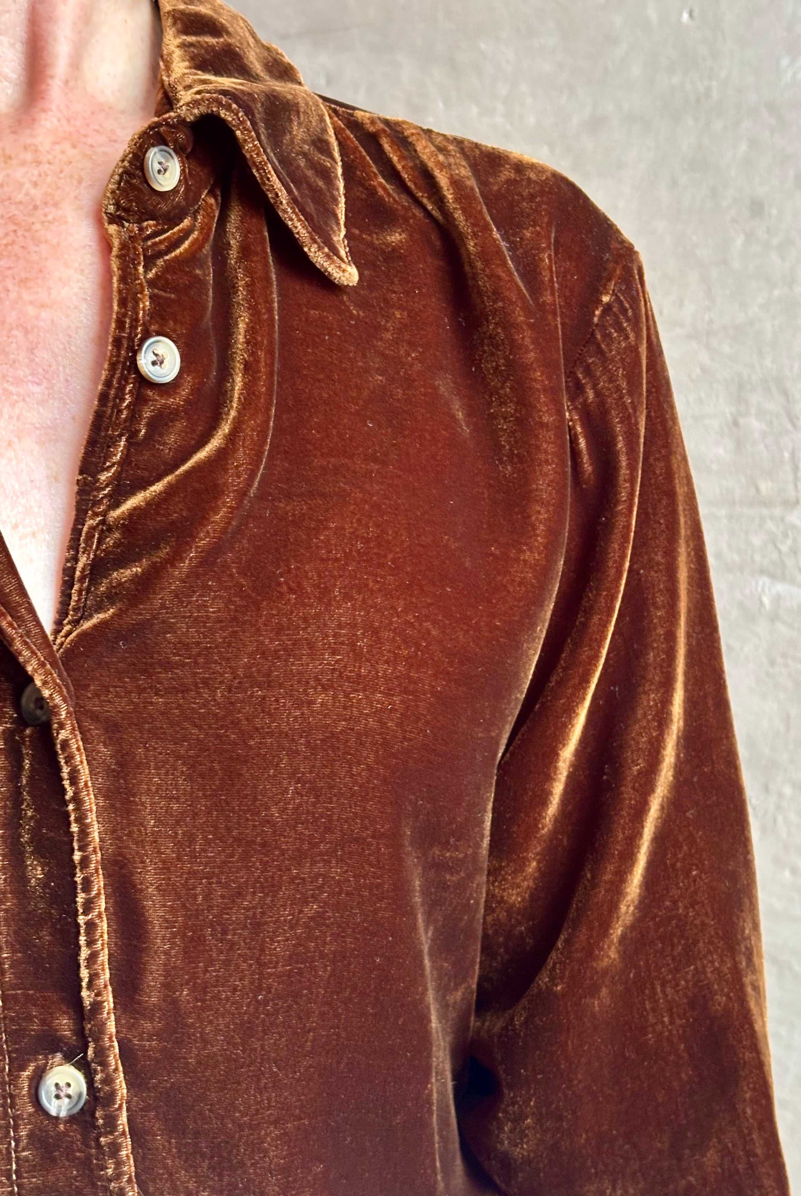 Close up Image of woman wearing premium clothing brand SPRWMN Elise Button Up silk blend velvet American-Made Shirt