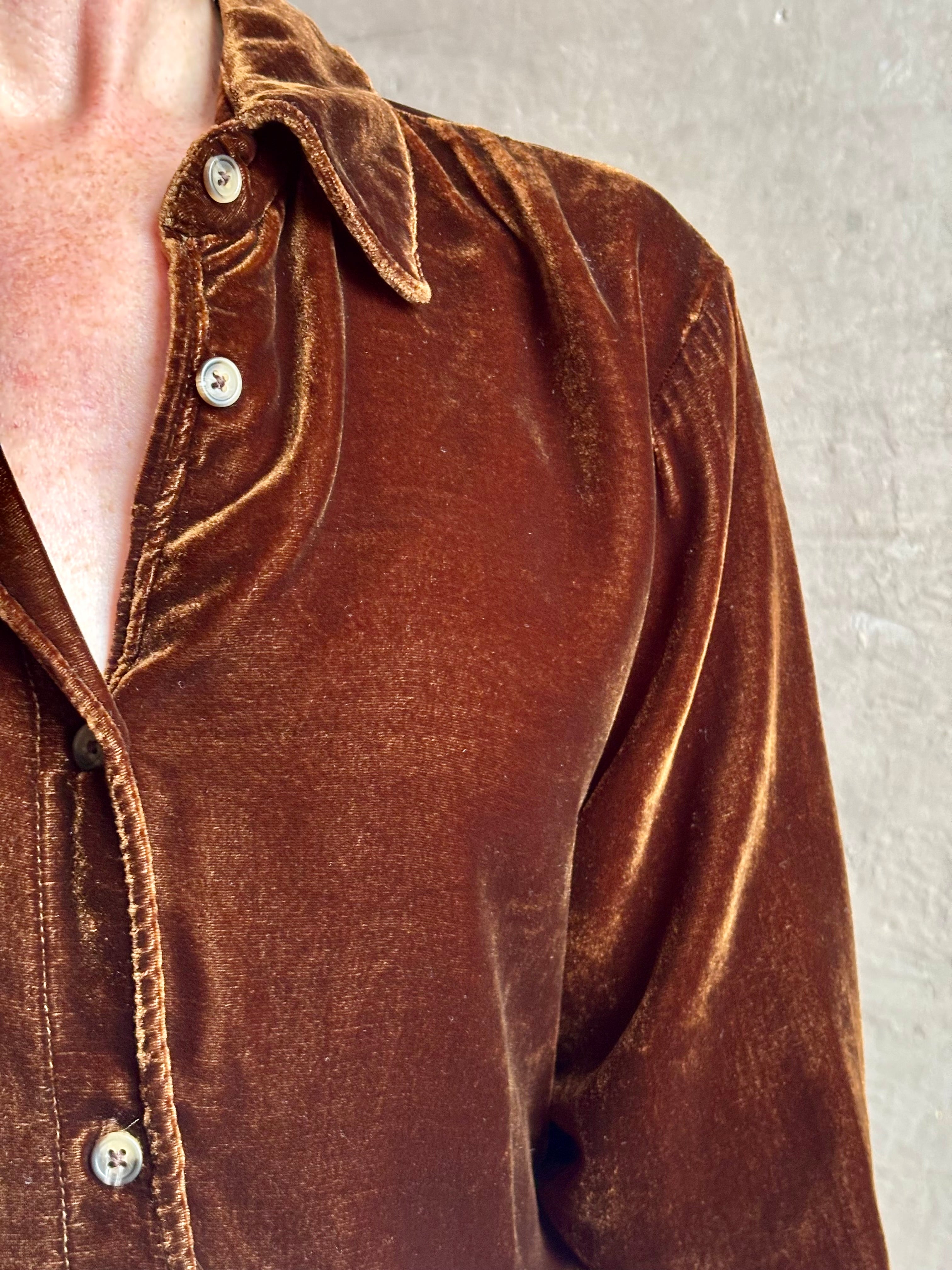 Close up Image of woman wearing premium clothing brand SPRWMN Elise Button Up silk blend velvet American-Made Shirt