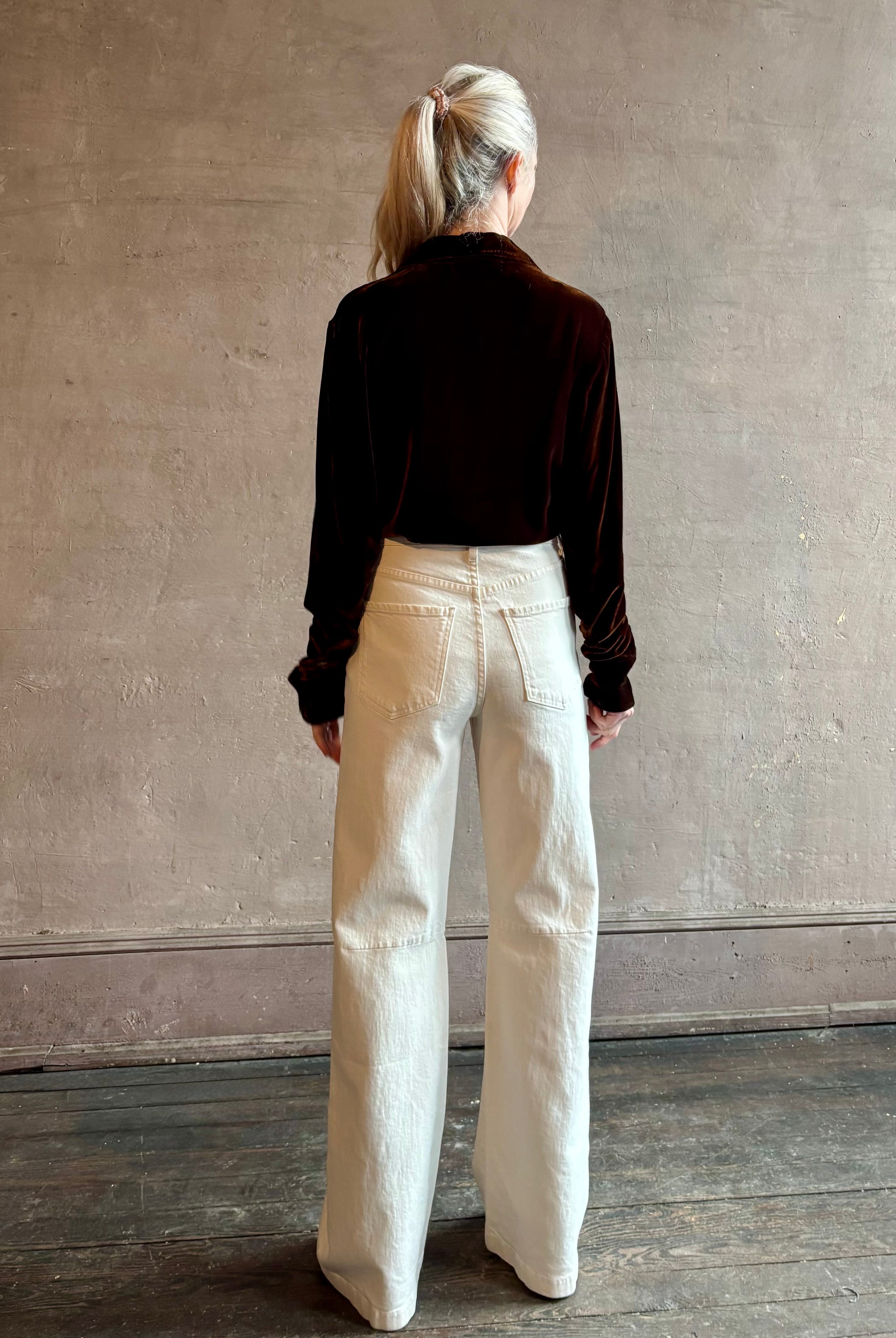 Woman wearing elevated women's contemporary clothing brand SPRWMN Elise silk blend velvet Button Up Top in Brown