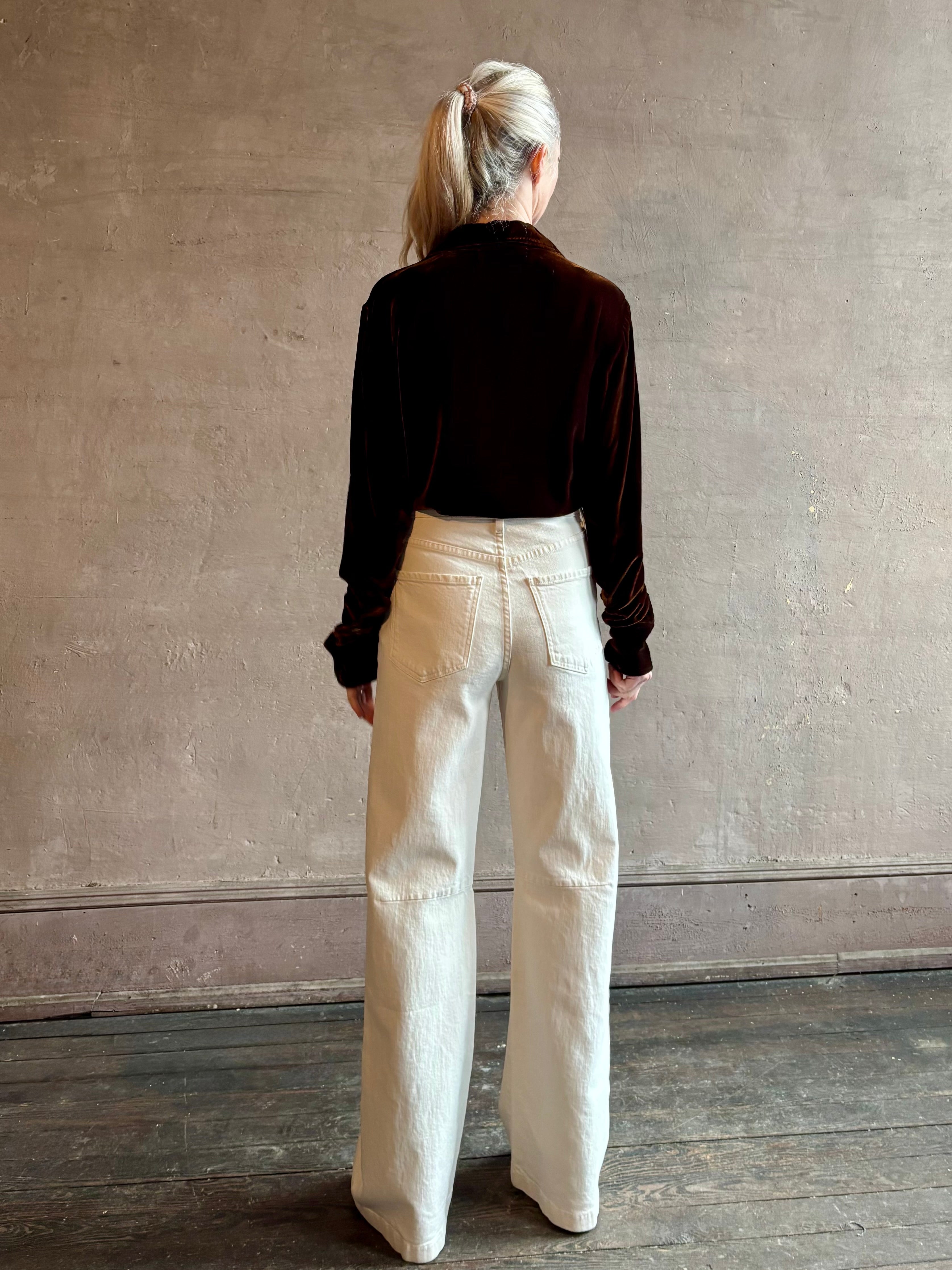 Woman wearing elevated women's contemporary clothing brand SPRWMN Elise silk blend velvet Button Up Top in Brown