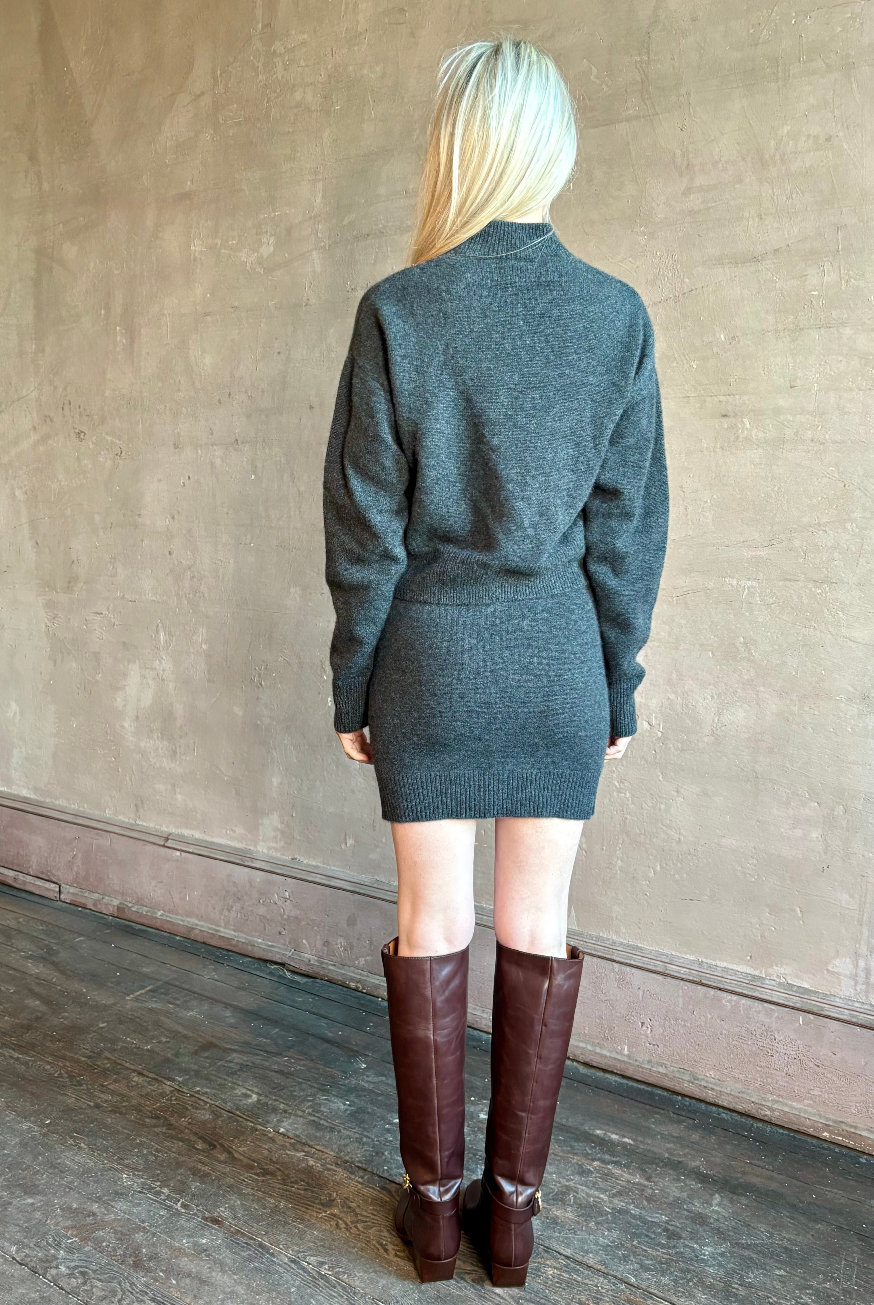 Image of mature woman wearing luxury knitwear SPRWMN Mia Skirt in Charcoal Grey