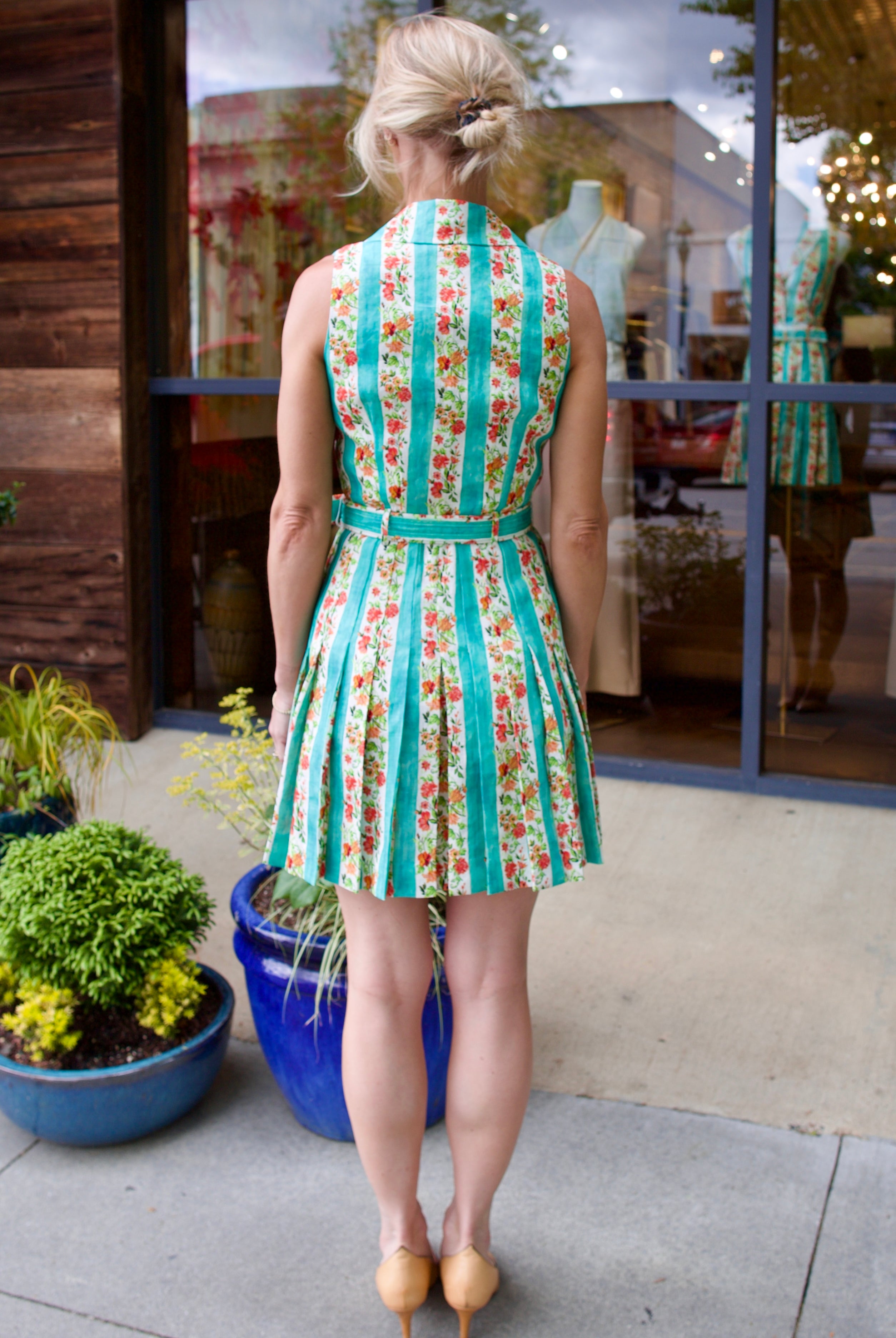 Back image of woman wearing the Saloni Livi Short Linen Dress