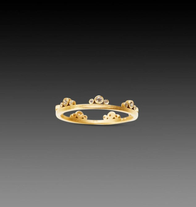 Image of American Jeweler Ananda Khalsa Diamond Side Trio 18k gold matte finish ring with seven 1mm white diamond trio encircling arrangement