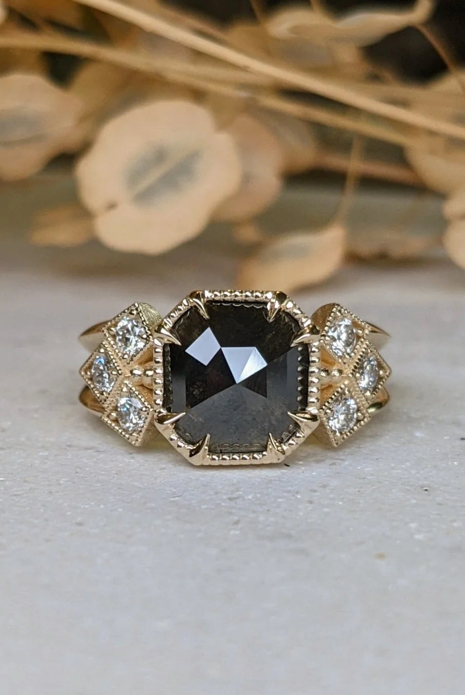 Image of Asheville jewelery artist STEPHANIE ELLIS Elora Diamond Ring in 14K Recycled Yellow Gold and 3.25 carat salt and pepper octagon natural diamond