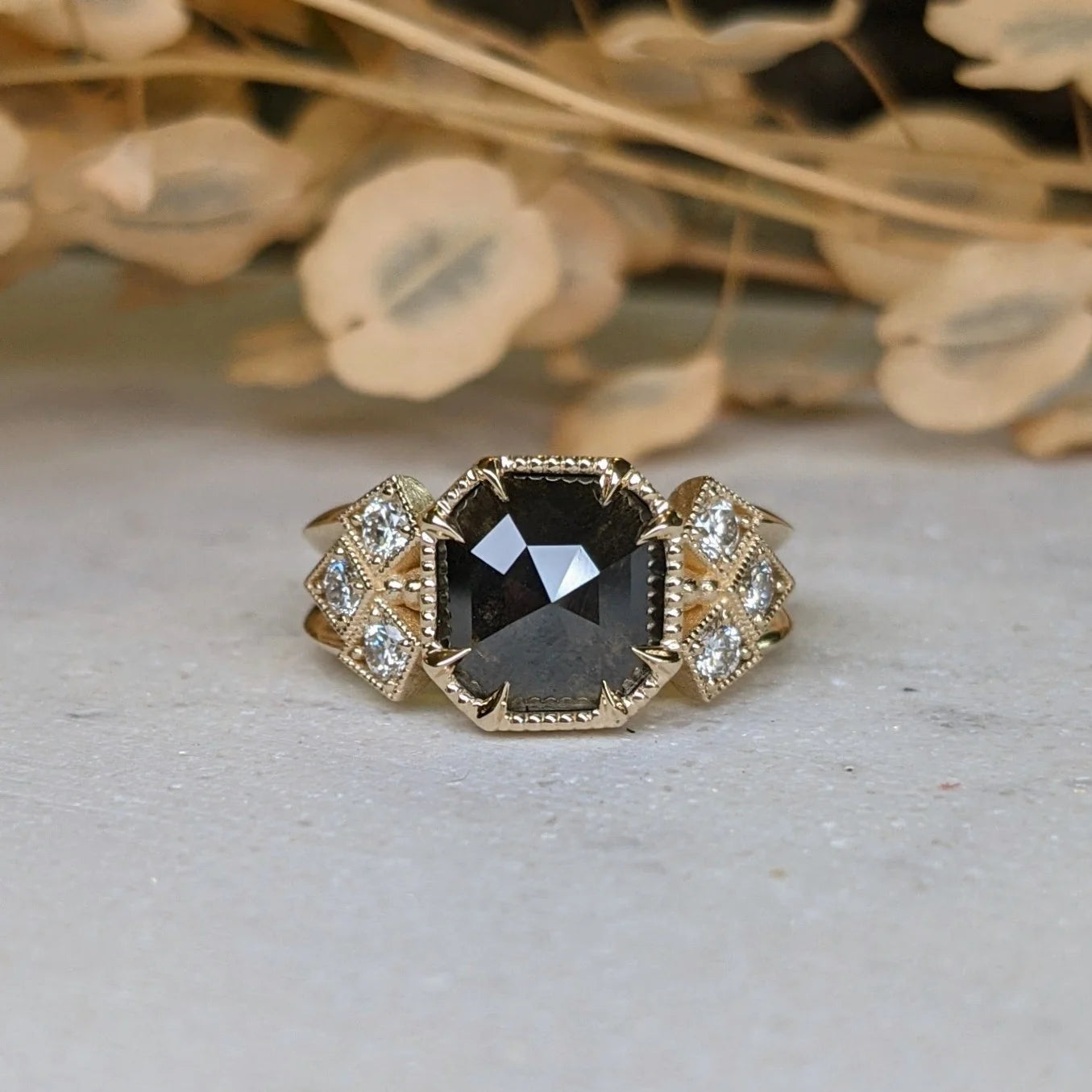 Image of Asheville jewelery artist STEPHANIE ELLIS Elora Diamond Ring in 14K Recycled Yellow Gold and 3.25 carat salt and pepper octagon natural diamond