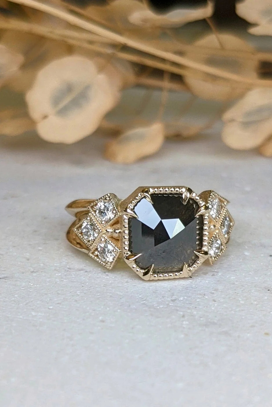 Image of Asheville jewelery artist STEPHANIE ELLIS Elora Diamond Ring in 14K Recycled Yellow Gold and 3.25 carat salt and pepper octagon natural diamond