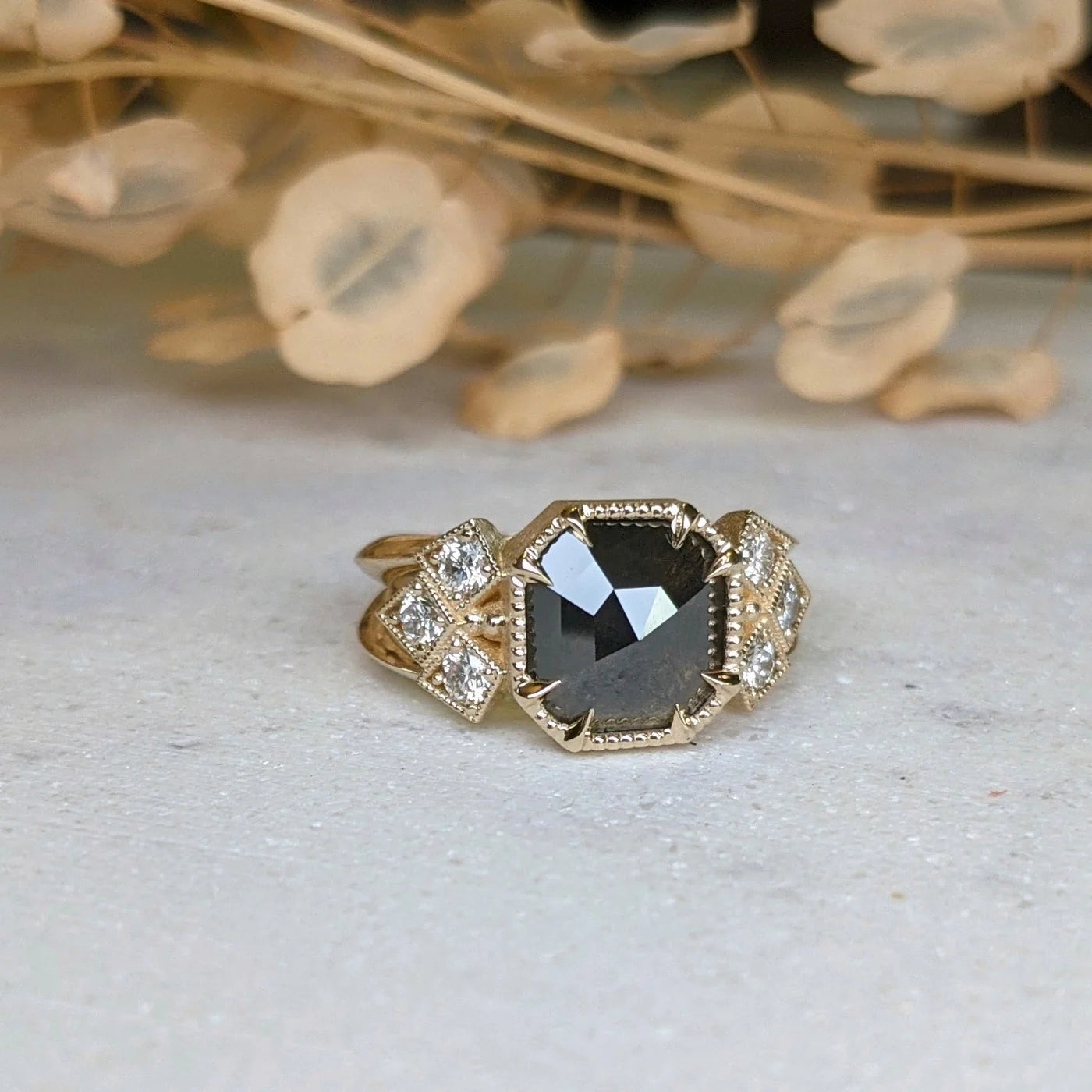 Image of Asheville jewelery artist STEPHANIE ELLIS Elora Diamond Ring in 14K Recycled Yellow Gold and 3.25 carat salt and pepper octagon natural diamond