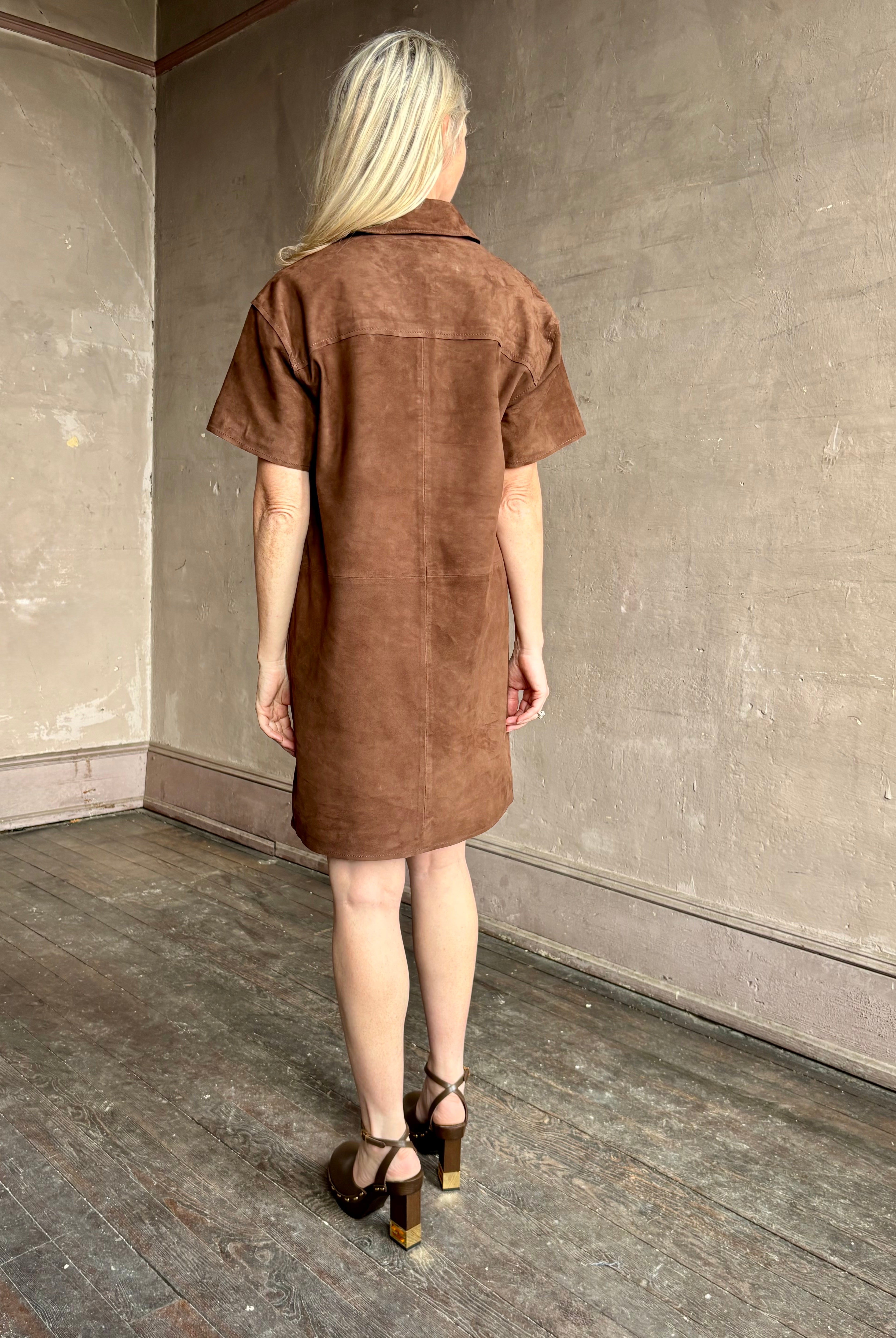 Image of mature woman wearing designer Tanya Taylor sleek chocolate leather shift dress with V-neck and structured collar