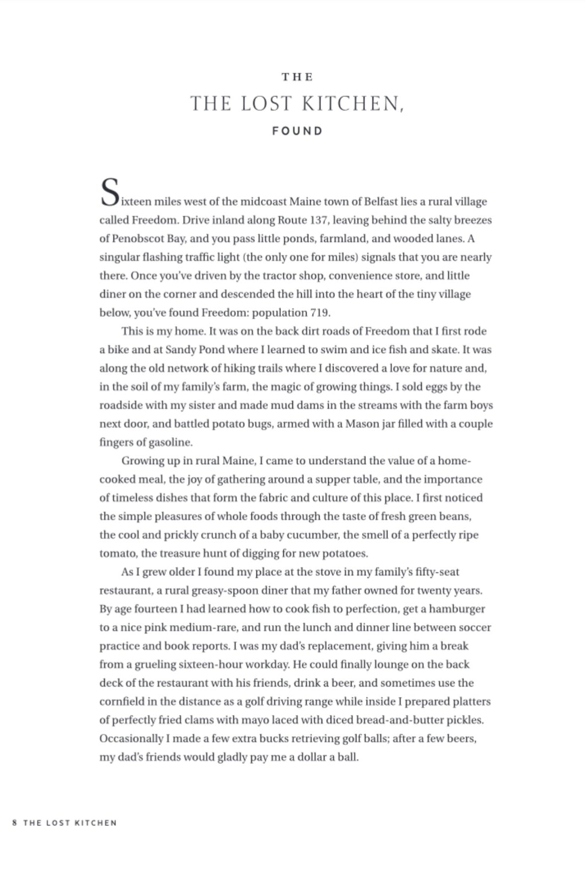 A cookbook page titled 'THE THE LOST KITCHEN, FOUND' explaining the restaurant's origin by Erin French