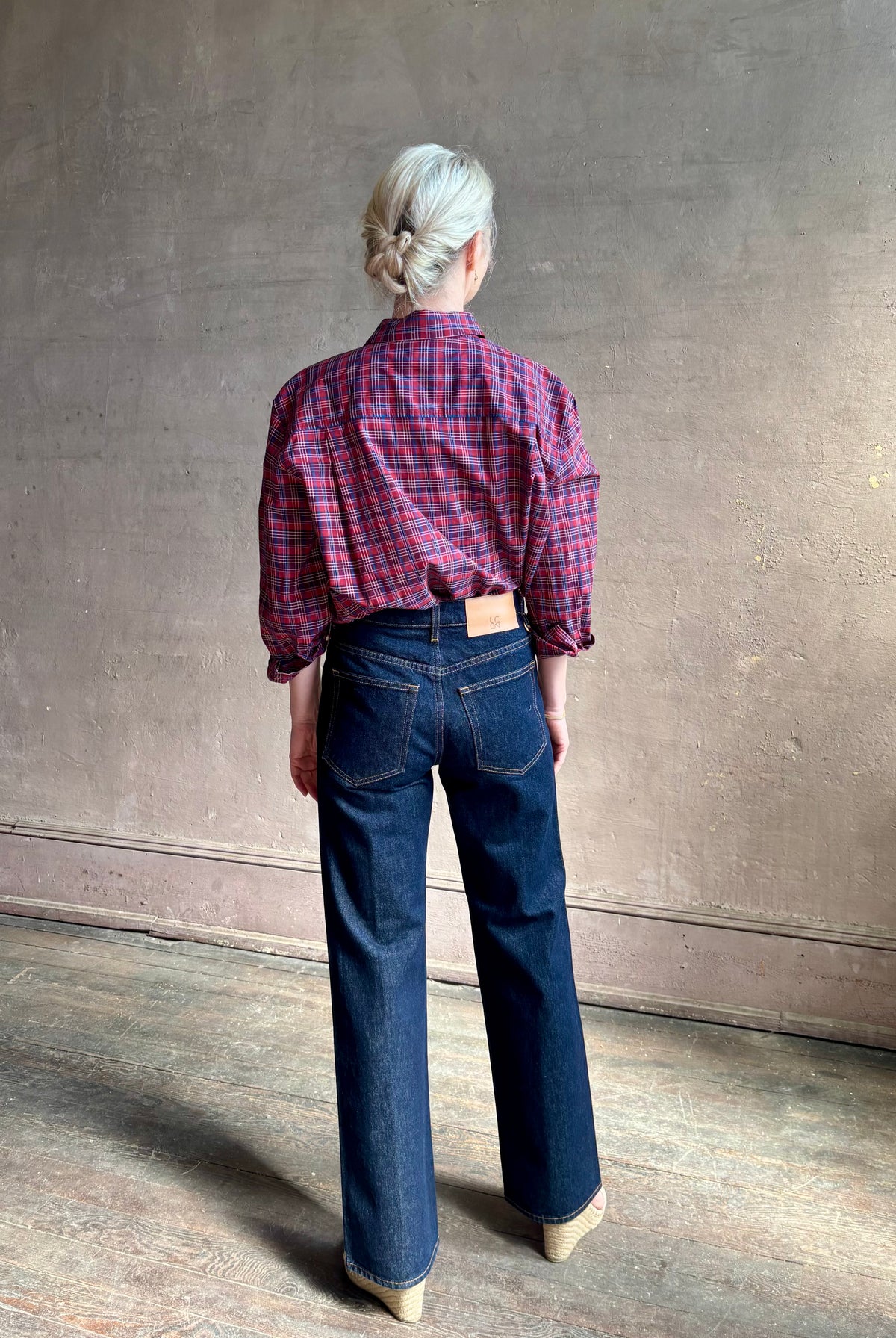 Mature woman in Trovata's Blake Oversized Shirt in Mulled Wine Plaid cotton Relaxed, effortlessly cool California shirting