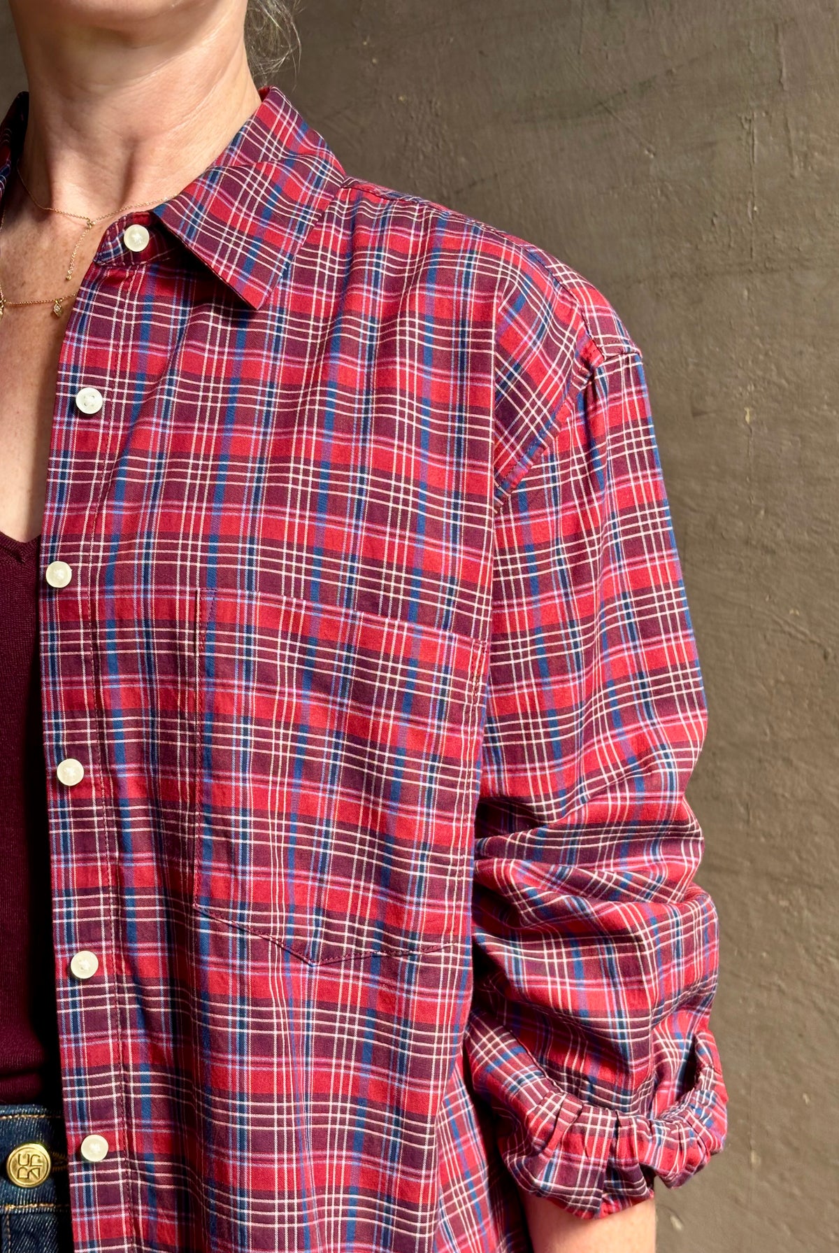 Mature woman in Trovata's Blake Oversized Shirt in Mulled Wine Plaid cotton Relaxed, effortlessly cool California shirting