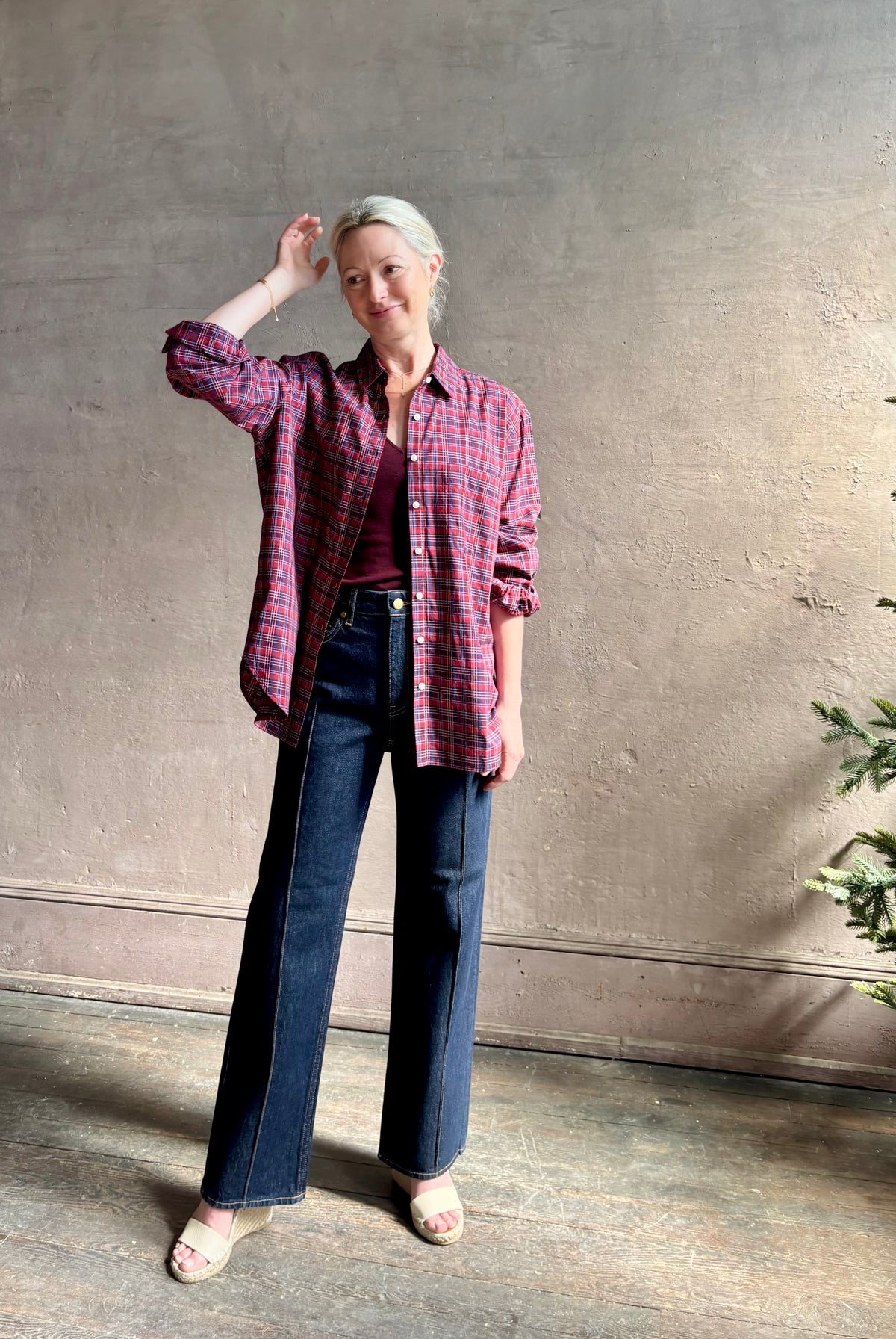 Mature woman in Trovata's Blake Oversized Shirt in Mulled Wine Plaid cotton Relaxed, effortlessly cool California shirting