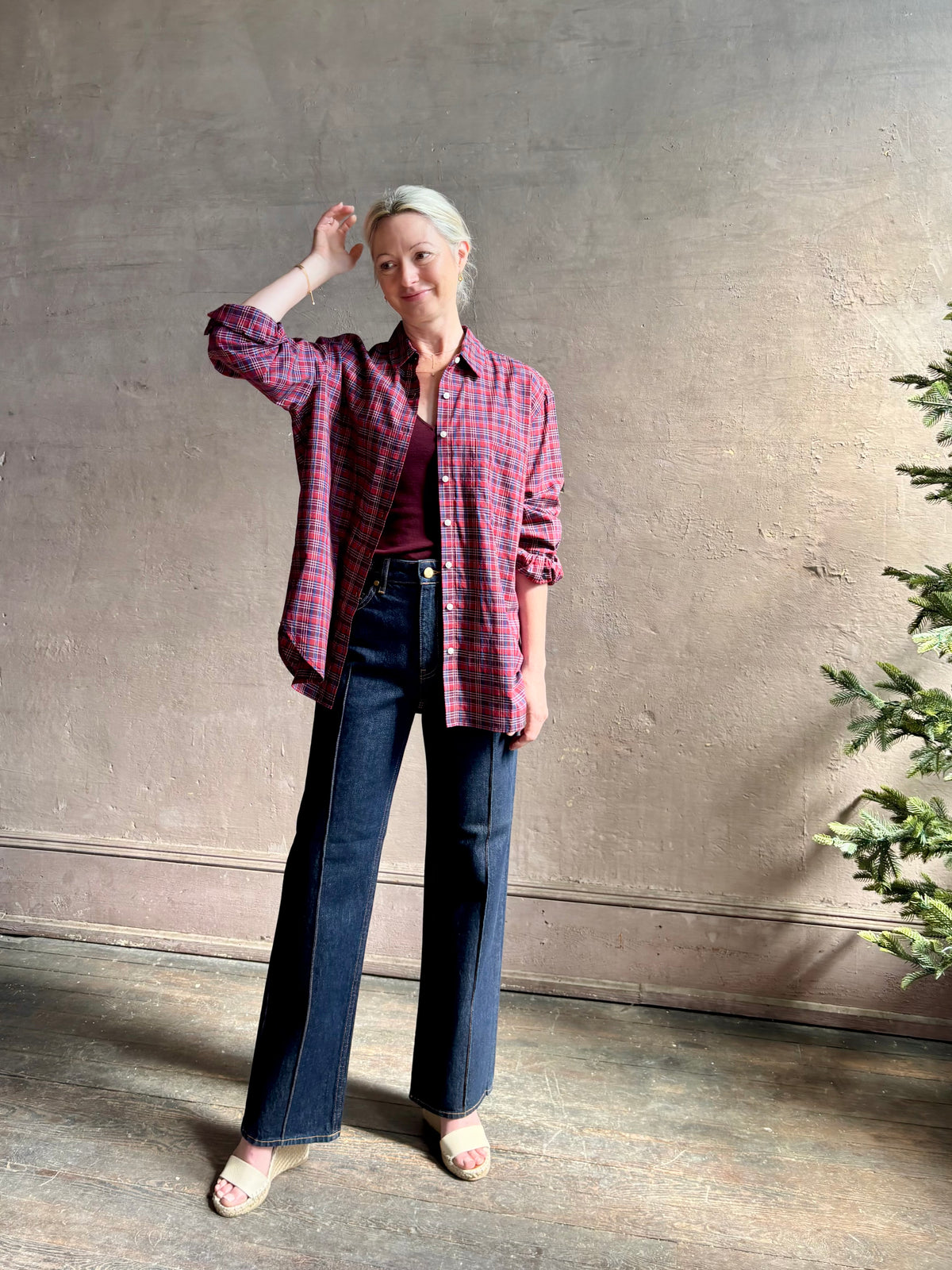 Mature woman in Trovata's Blake Oversized Shirt in Mulled Wine Plaid cotton Relaxed, effortlessly cool California shirting
