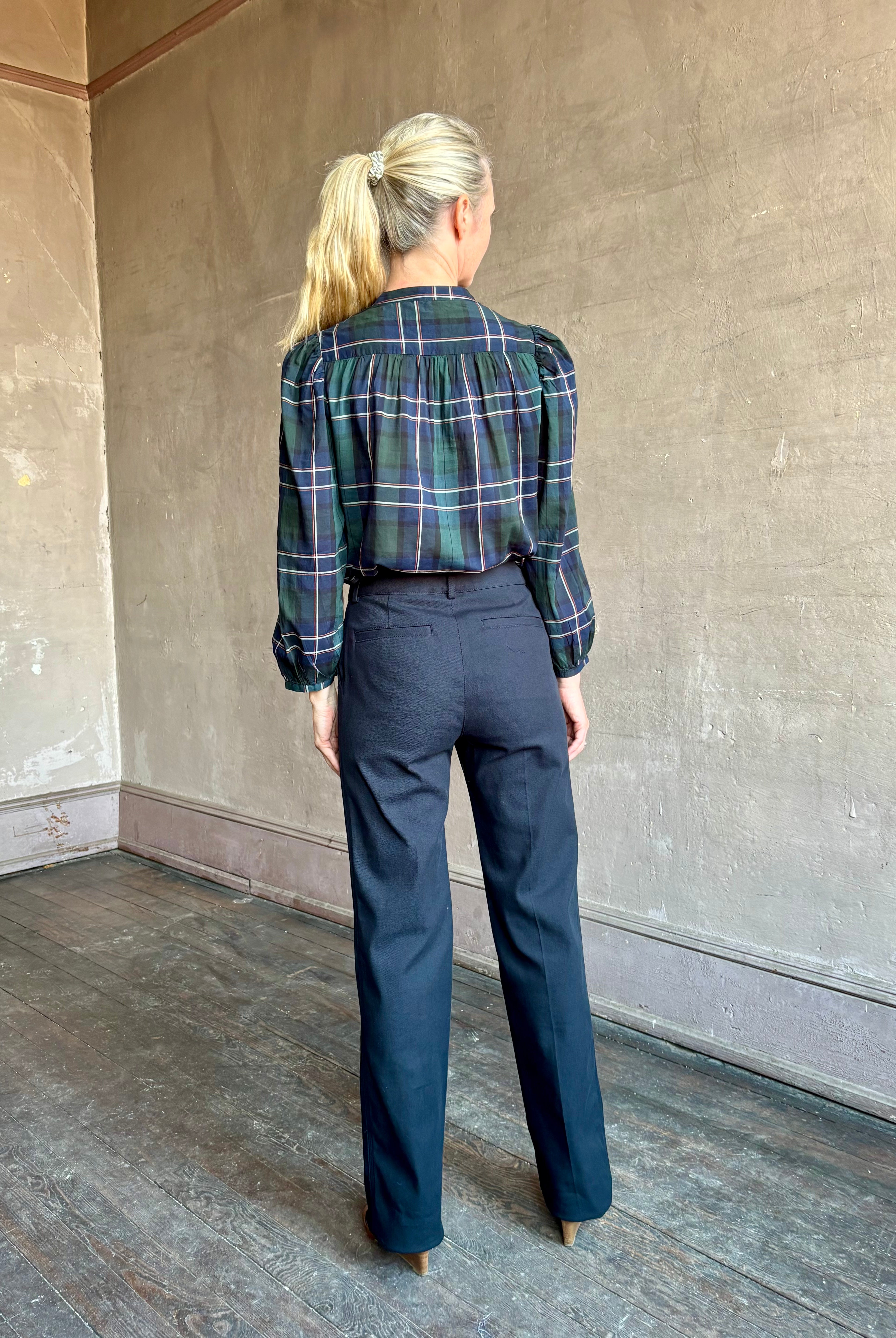 Image of mature woman wearing contemporary women's fashion Trovata windsor plaid Maisey Blouse in comfy Cotton Viscose V-Neck