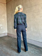 Image of mature woman wearing contemporary women's fashion Trovata windsor plaid Maisey Blouse in comfy Cotton Viscose V-Neck