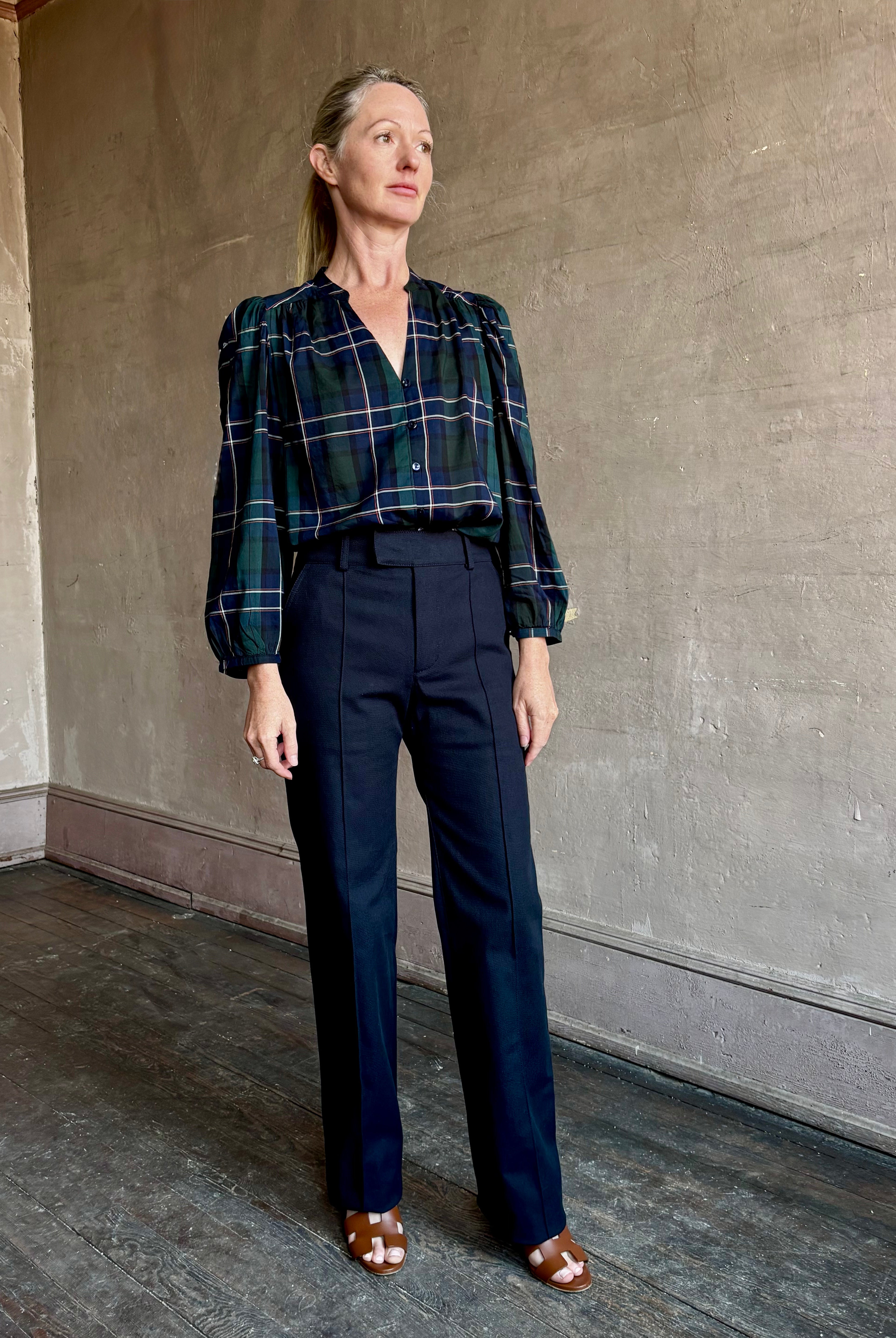 Image of mature woman wearing contemporary women's fashion Trovata windsor plaid Maisey Blouse in comfy Cotton Viscose V-Neck
