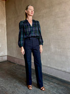 Image of mature woman wearing contemporary women's fashion Trovata windsor plaid Maisey Blouse in comfy Cotton Viscose V-Neck