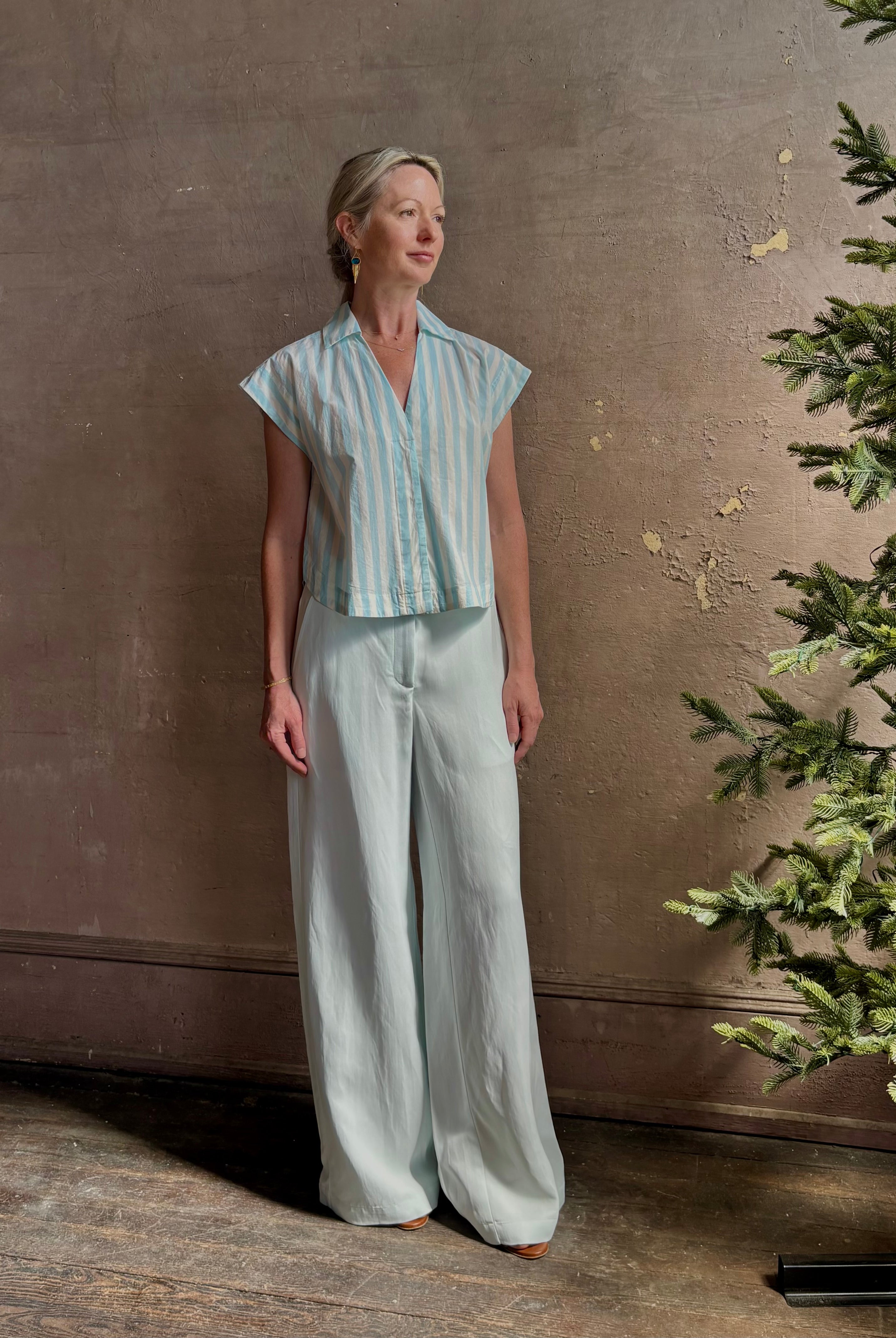 Mature woman wearing Dorada short sleeve Shirt from Trovata rendered in a fresh aqua and cream Stripe and crafted from cotton poplin with v-neck, collar and consealed button front