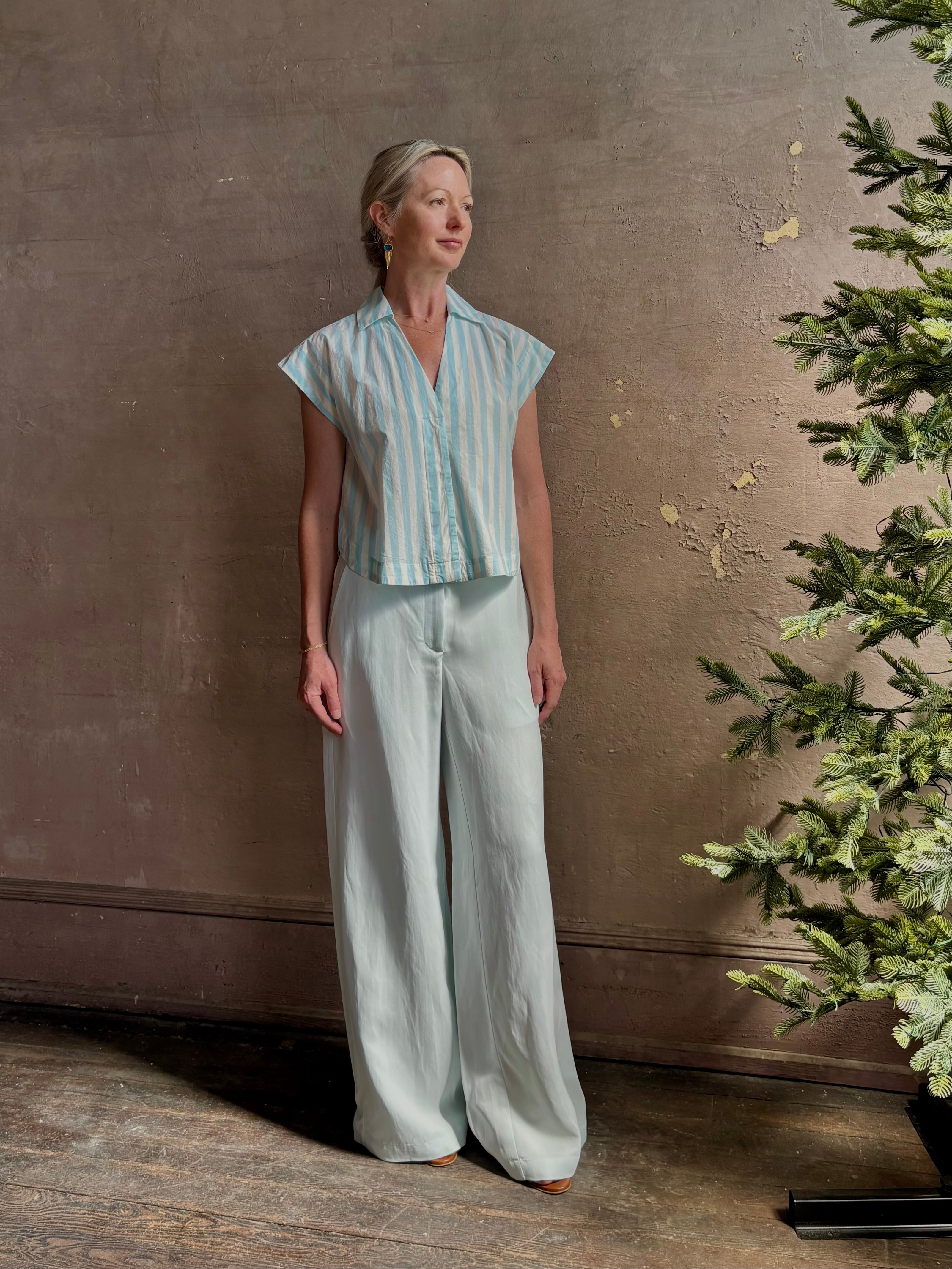Mature woman wearing Dorada short sleeve Shirt from Trovata rendered in a fresh aqua and cream Stripe and crafted from cotton poplin with v-neck, collar and consealed button front