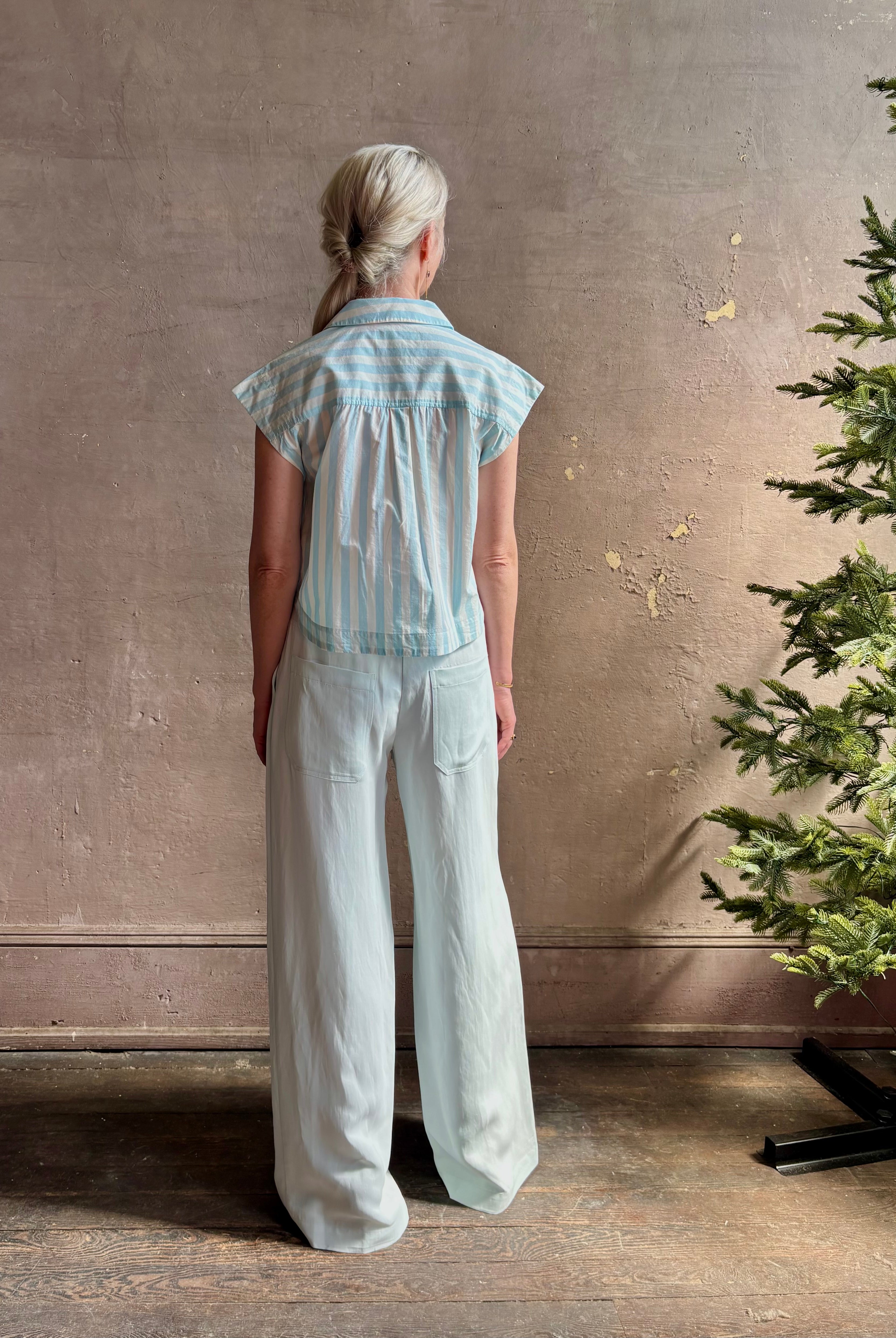 Mature woman wearing Dorada short sleeve Shirt from Trovata rendered in a fresh aqua and cream Stripe and crafted from cotton poplin with v-neck, collar and consealed button front